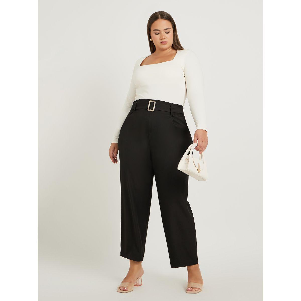 Styli Plus Size Solid High Rise Pleated Tapered Fit Pants with Belted Waist-women-clothing-bottoms-trousers-image-1