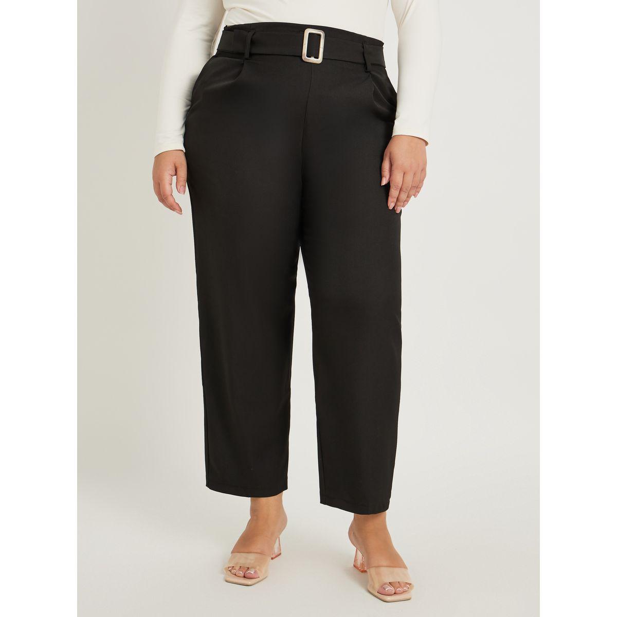 Styli Plus Size Solid High Rise Pleated Tapered Fit Pants with Belted Waist-women-clothing-bottoms-trousers-image-2