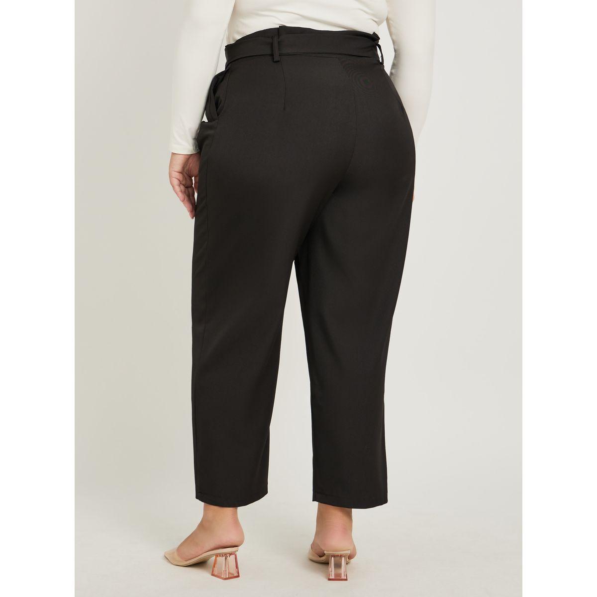 Styli Plus Size Solid High Rise Pleated Tapered Fit Pants with Belted Waist-women-clothing-bottoms-trousers-image-4