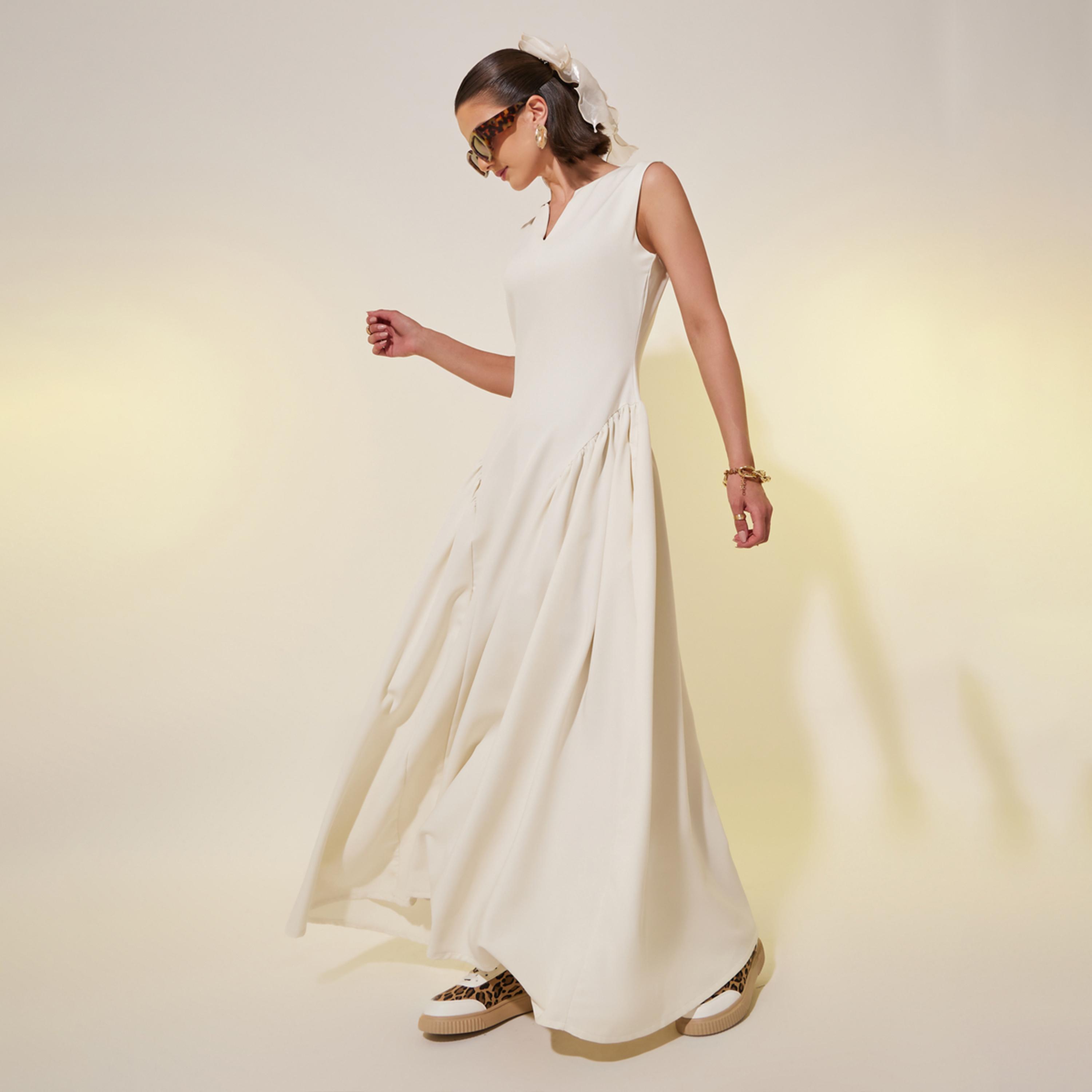 ستايلي - فستان ماكسي سادة بدون أكمام بقصّة A مع تفاصيل مجمعة-women-clothing-dresses-image-1