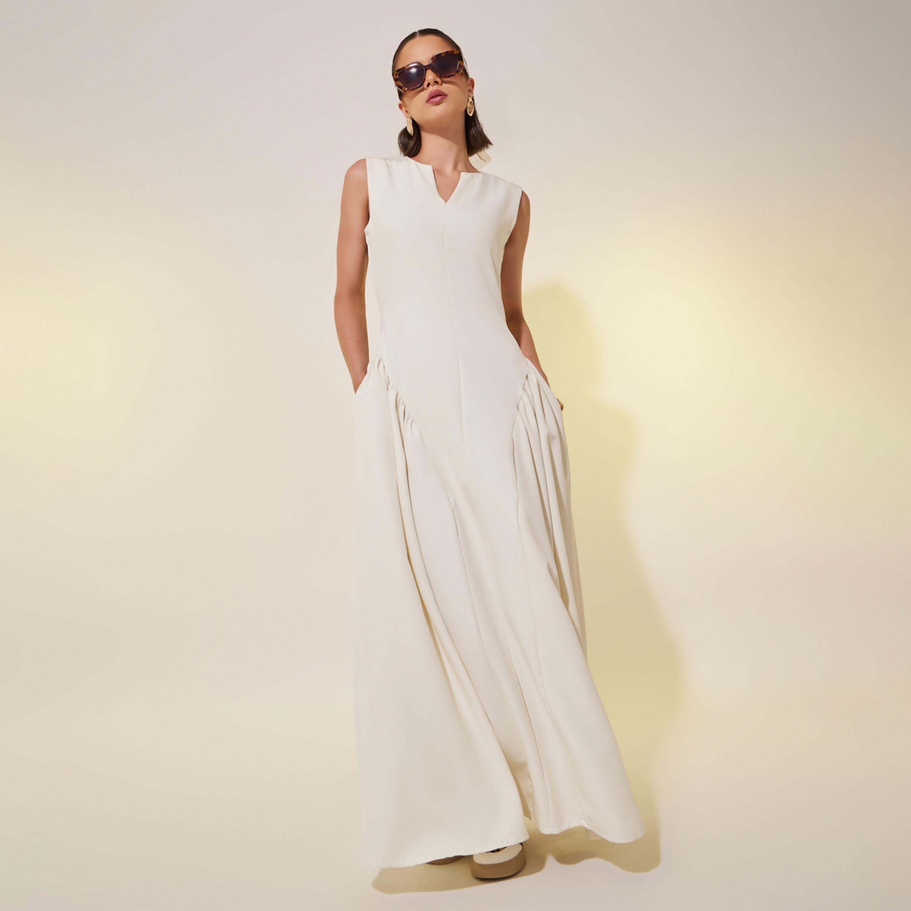 ستايلي - فستان ماكسي سادة بدون أكمام بقصّة A مع تفاصيل مجمعة-women-clothing-dresses-image-2