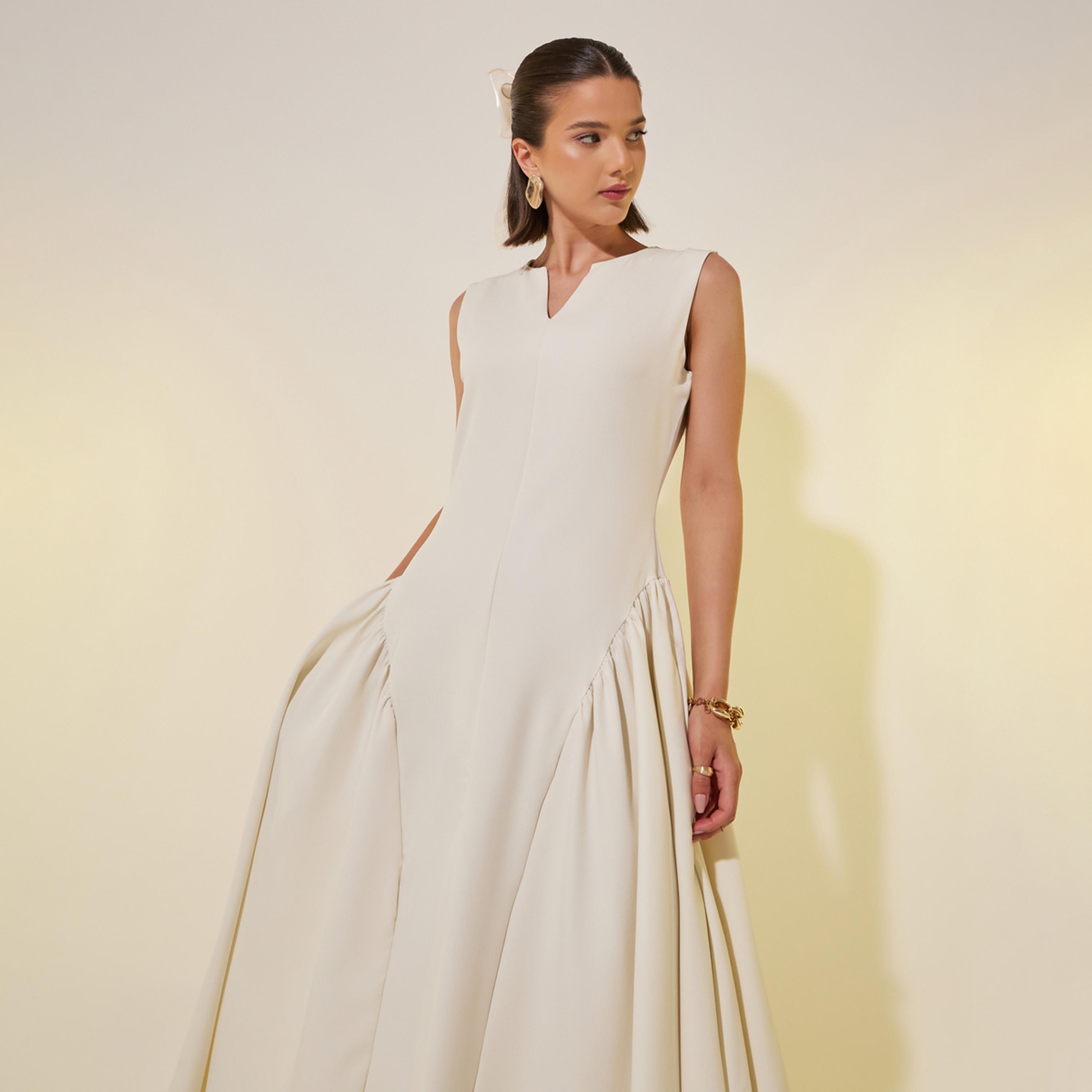 Styli Solid Sleeveless A-Line Maxi Dress with Gathered Detail-women-clothing-dresses-image-3