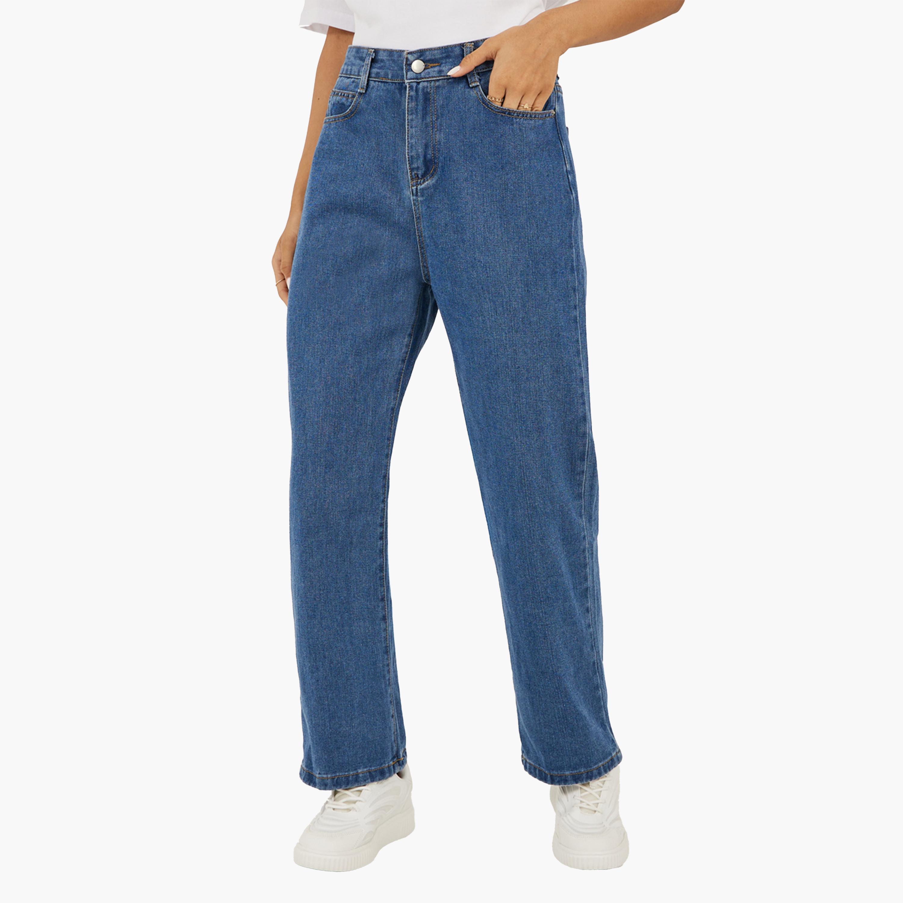 ستايلي - بنطال جينز مستقيم الساق بخصر متوسط الارتفاع بلون فاتح-women-clothing-bottoms-jeans-image-1