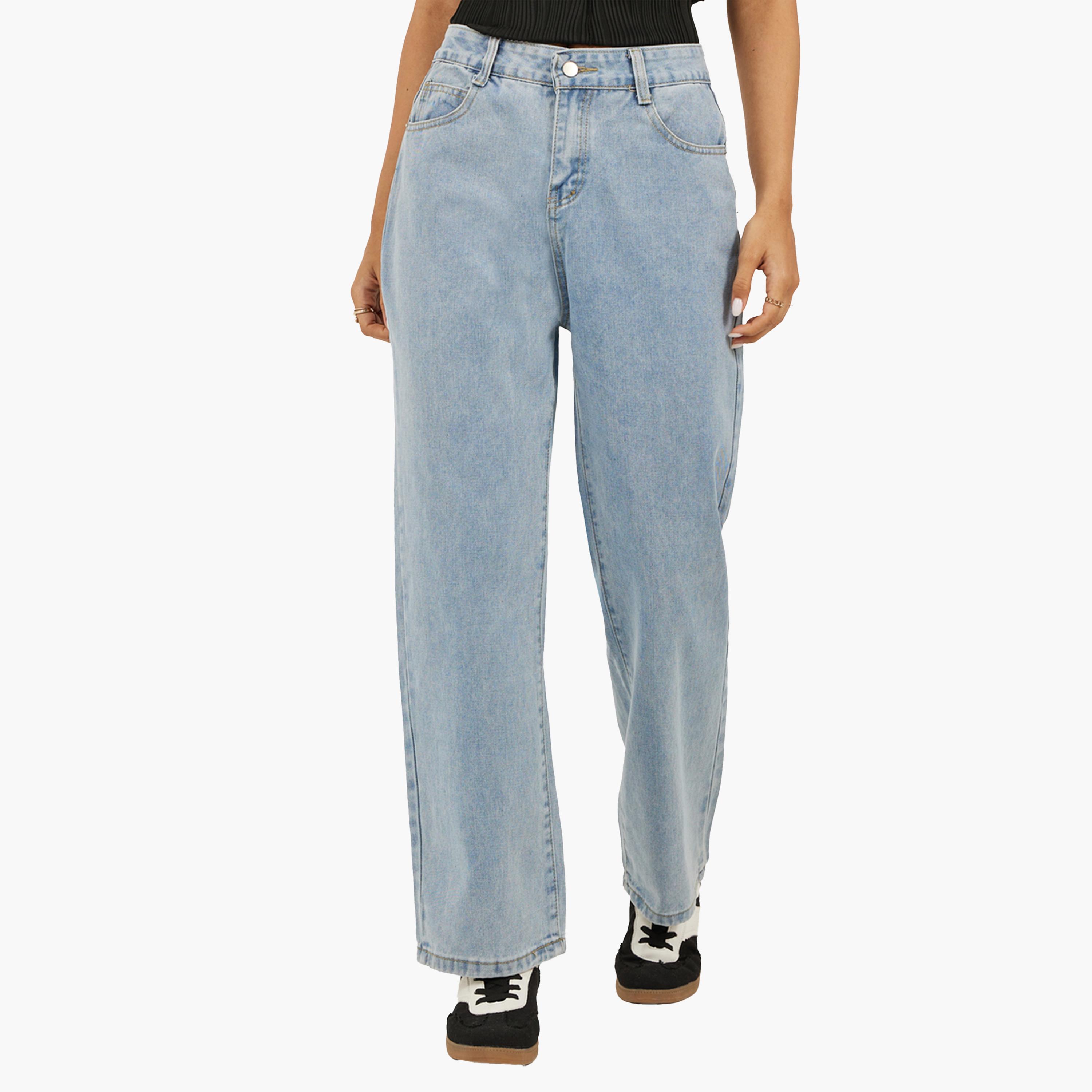 ستايلي - بنطال جينز مستقيم الساق بخصر متوسط الارتفاع بلون فاتح-women-clothing-bottoms-jeans-image-1