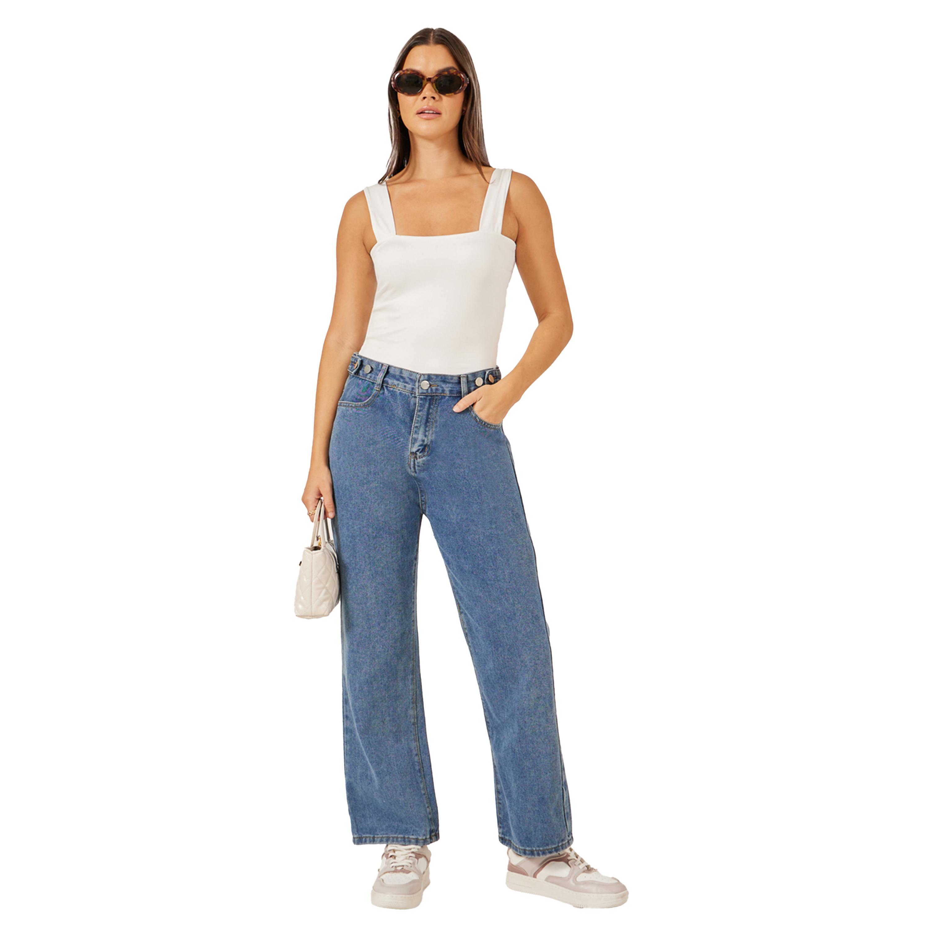 ستايلي - بنطال جينز باهت واسع الساق بخصر متوسط الارتفاع-women-clothing-bottoms-jeans-image-2