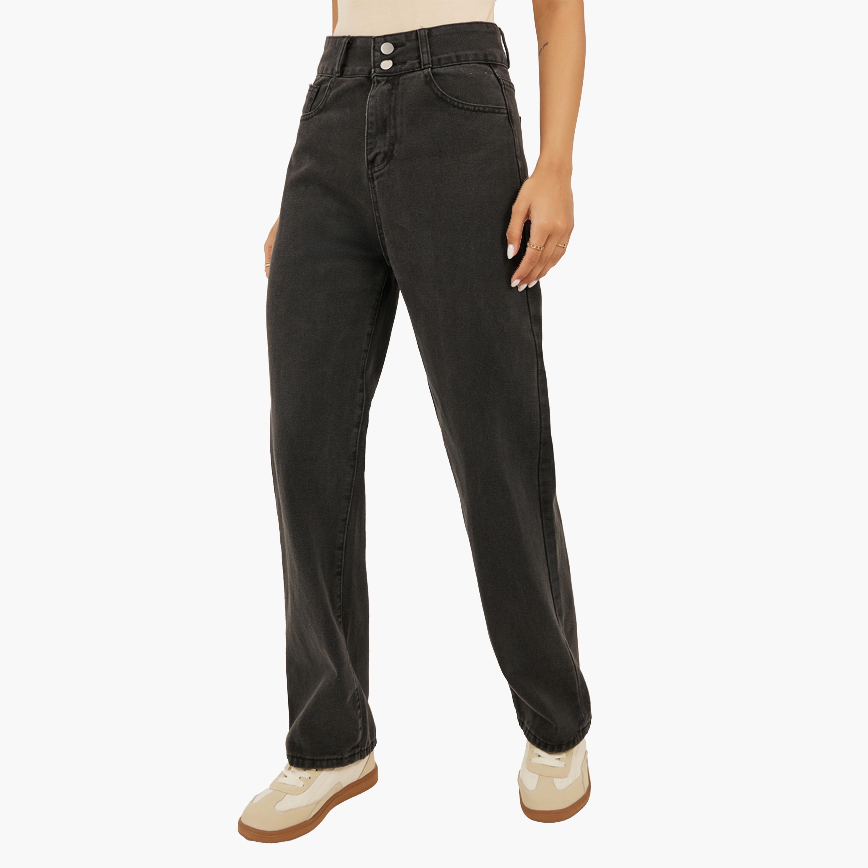 ستايلي - بنطال جينز سادة واسع الساق بخصر متوسط الارتفاع-women-clothing-bottoms-jeans-image-1