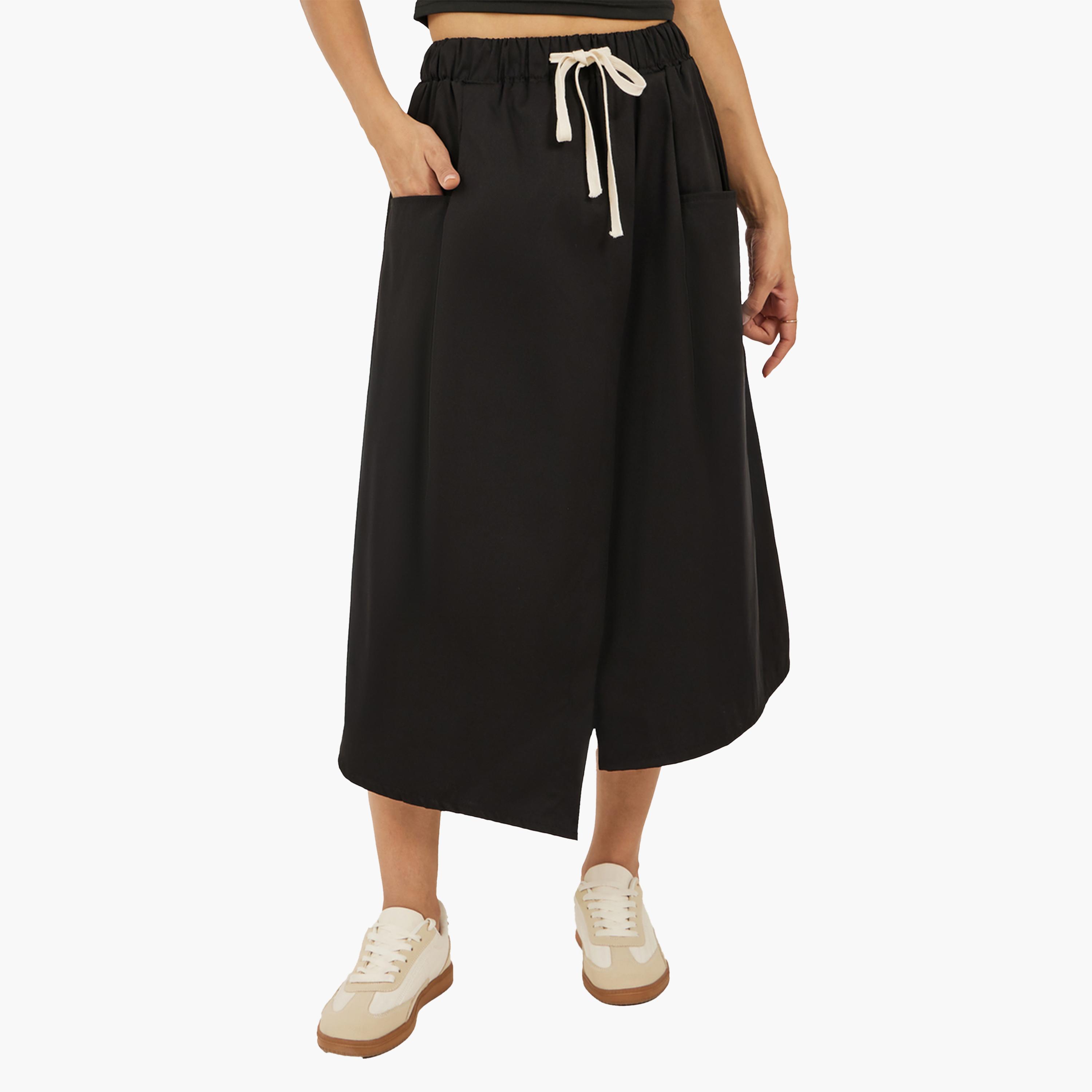 ستايلي - تنورة ميدي سادة بقصة A مع خصر برباط وجيوب-women-clothing-bottoms-skirts-image-1