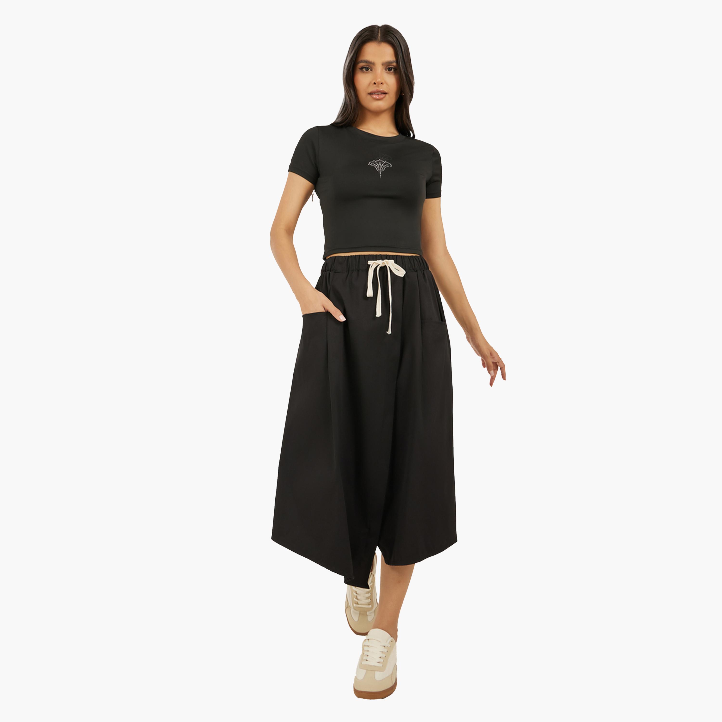 ستايلي - تنورة ميدي سادة بقصة A مع خصر برباط وجيوب-women-clothing-bottoms-skirts-image-2
