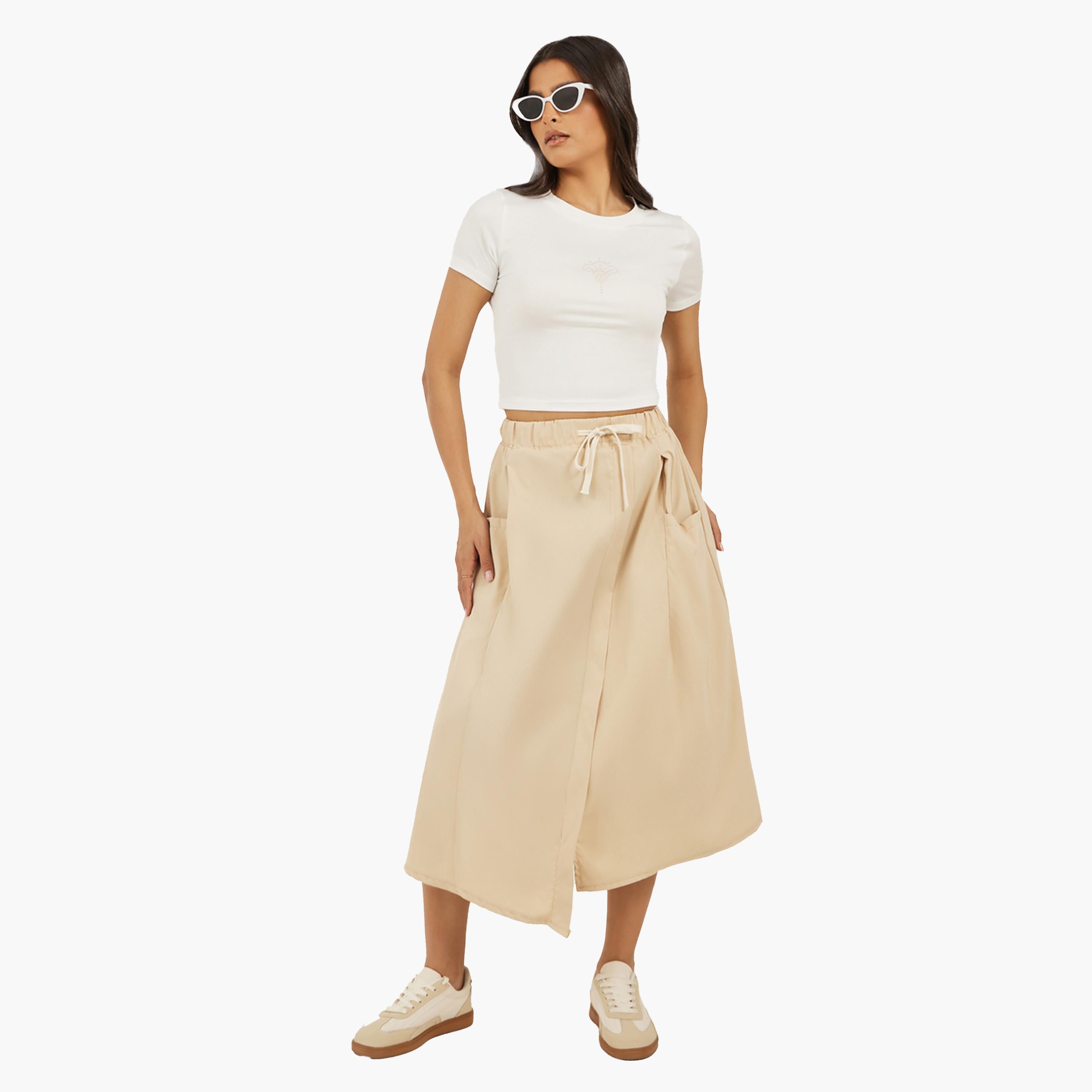Styli Solid Drawstring Waist A-Line Midi Skirt with Pockets-women-clothing-bottoms-skirts-image-2