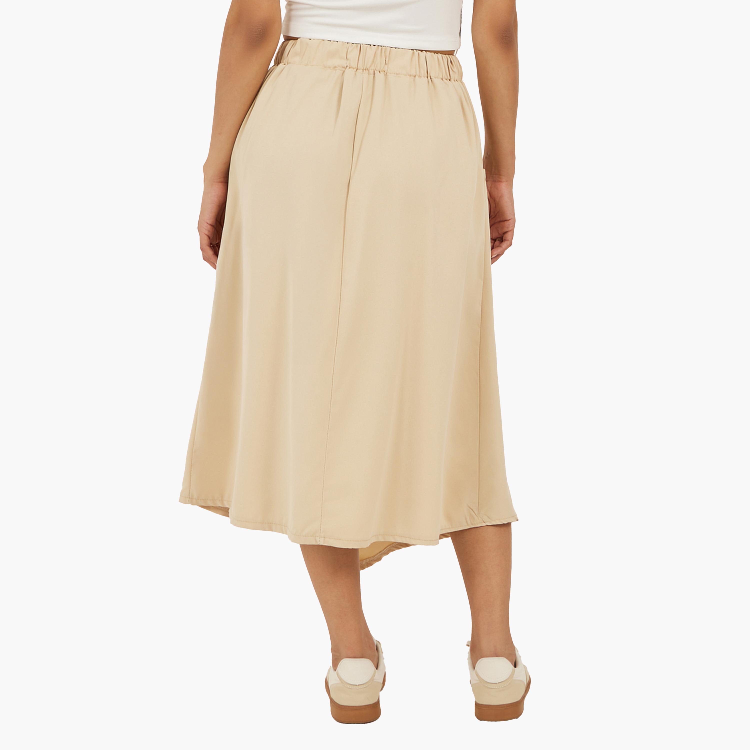 Styli Solid Drawstring Waist A-Line Midi Skirt with Pockets-women-clothing-bottoms-skirts-image-4