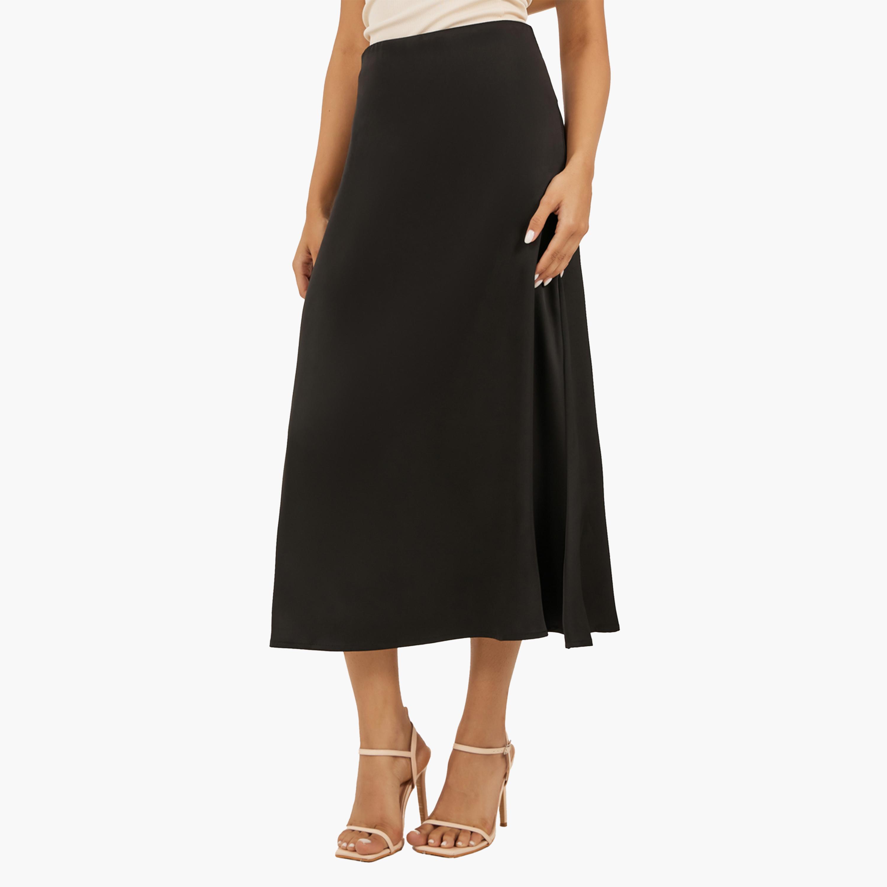 Styli Black Satin Flared Maxi Skirt-women-clothing-bottoms-skirts-image-1