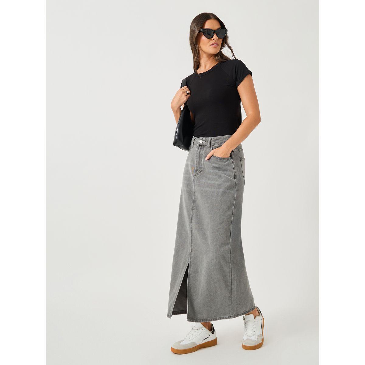 Styli Whiskered Denim A-Line Midi Skirt with Front Slit-women-clothing-bottoms-skirts-image-1