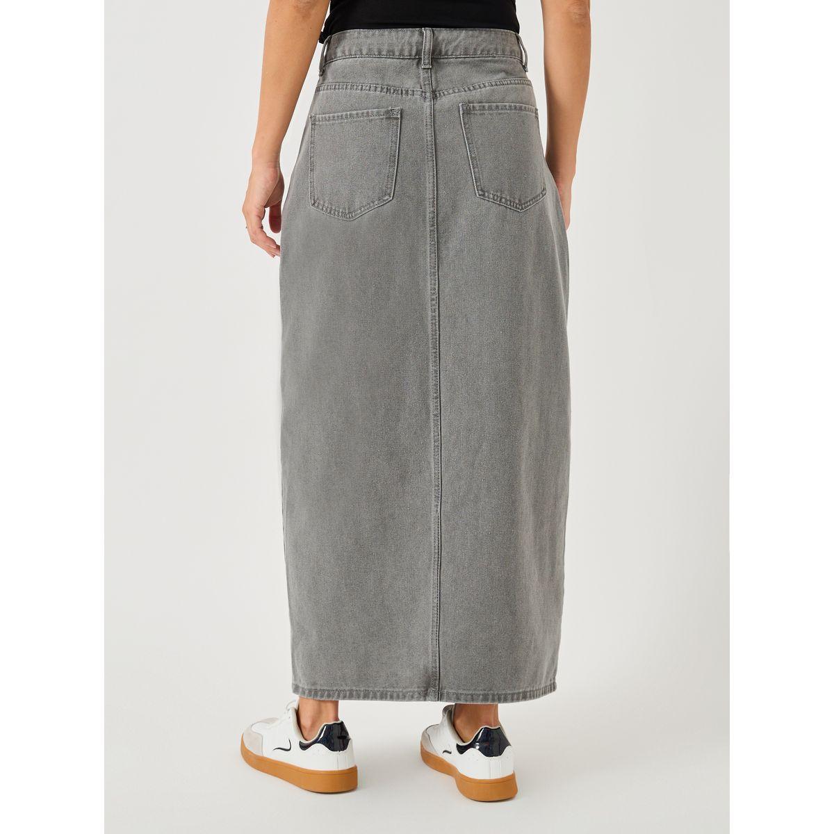 Styli Whiskered Denim A-Line Midi Skirt with Front Slit-women-clothing-bottoms-skirts-image-4
