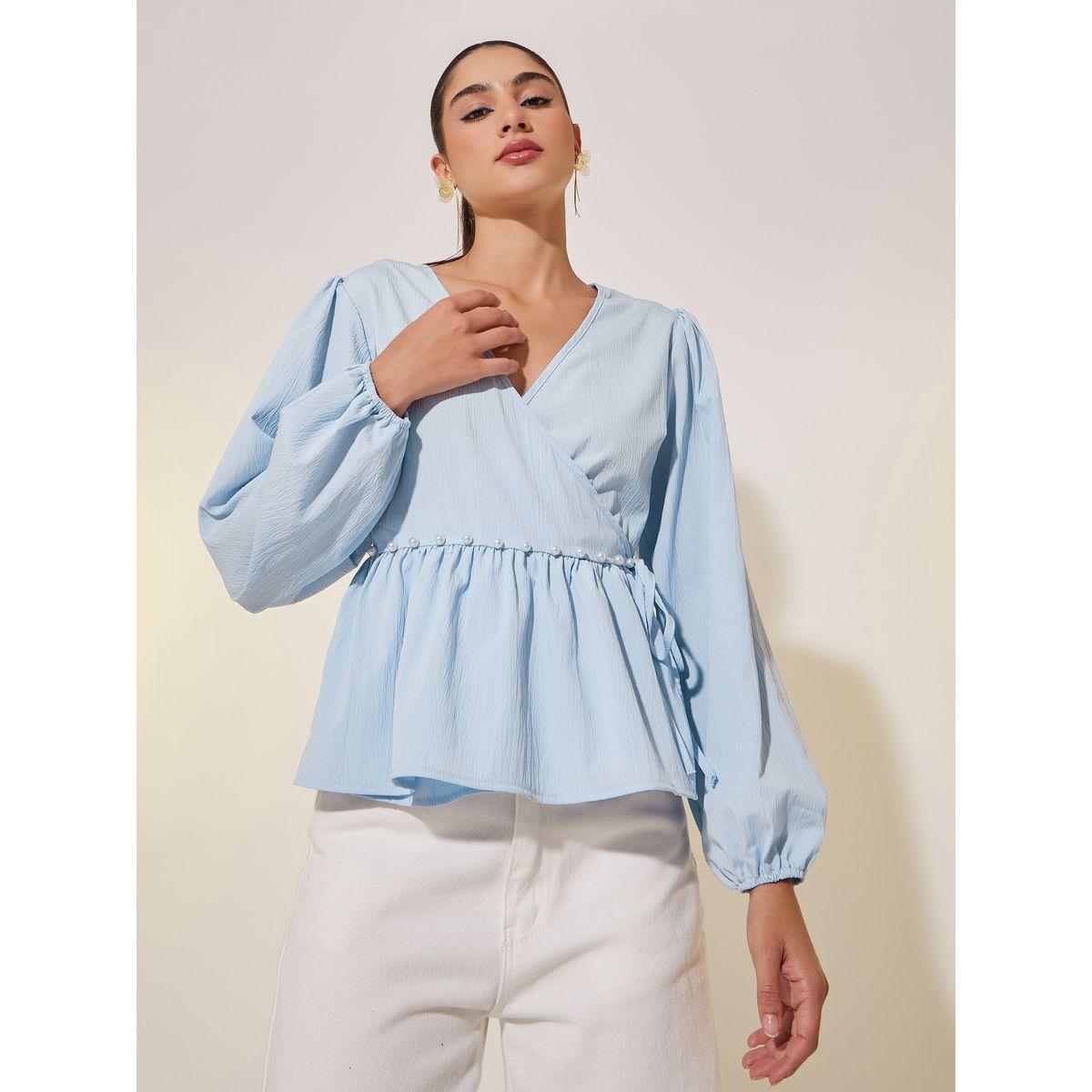 بلوزة سادة بنمط لف وأكمام طويلة-women-clothing-shirtsandblouses-blouses-image-1