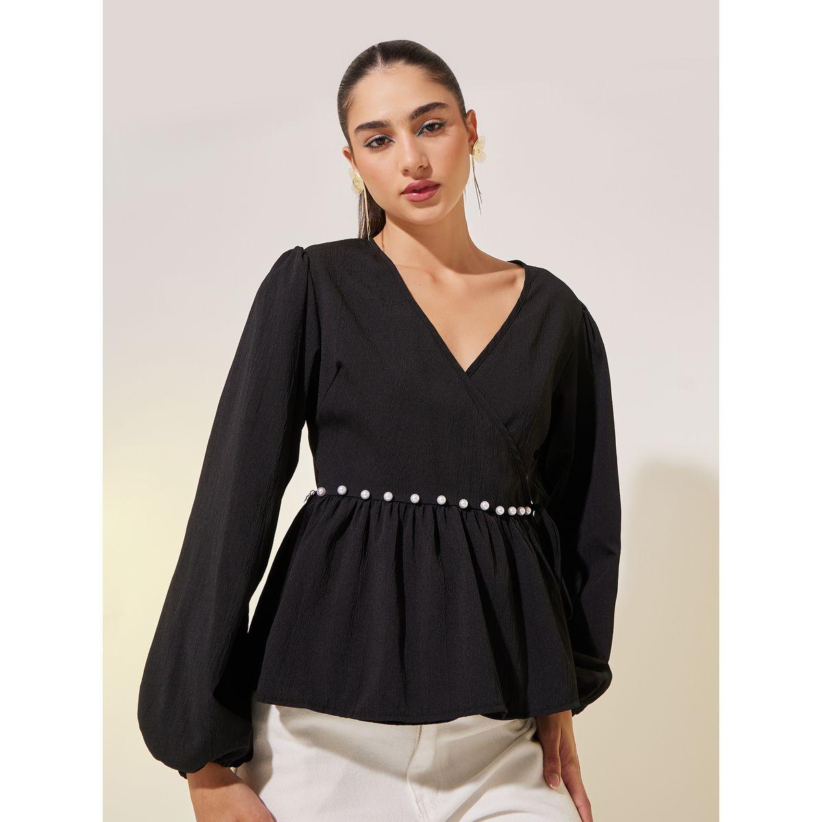 بلوزة سادة بنمط لف وأكمام طويلة-women-clothing-shirtsandblouses-blouses-image-1