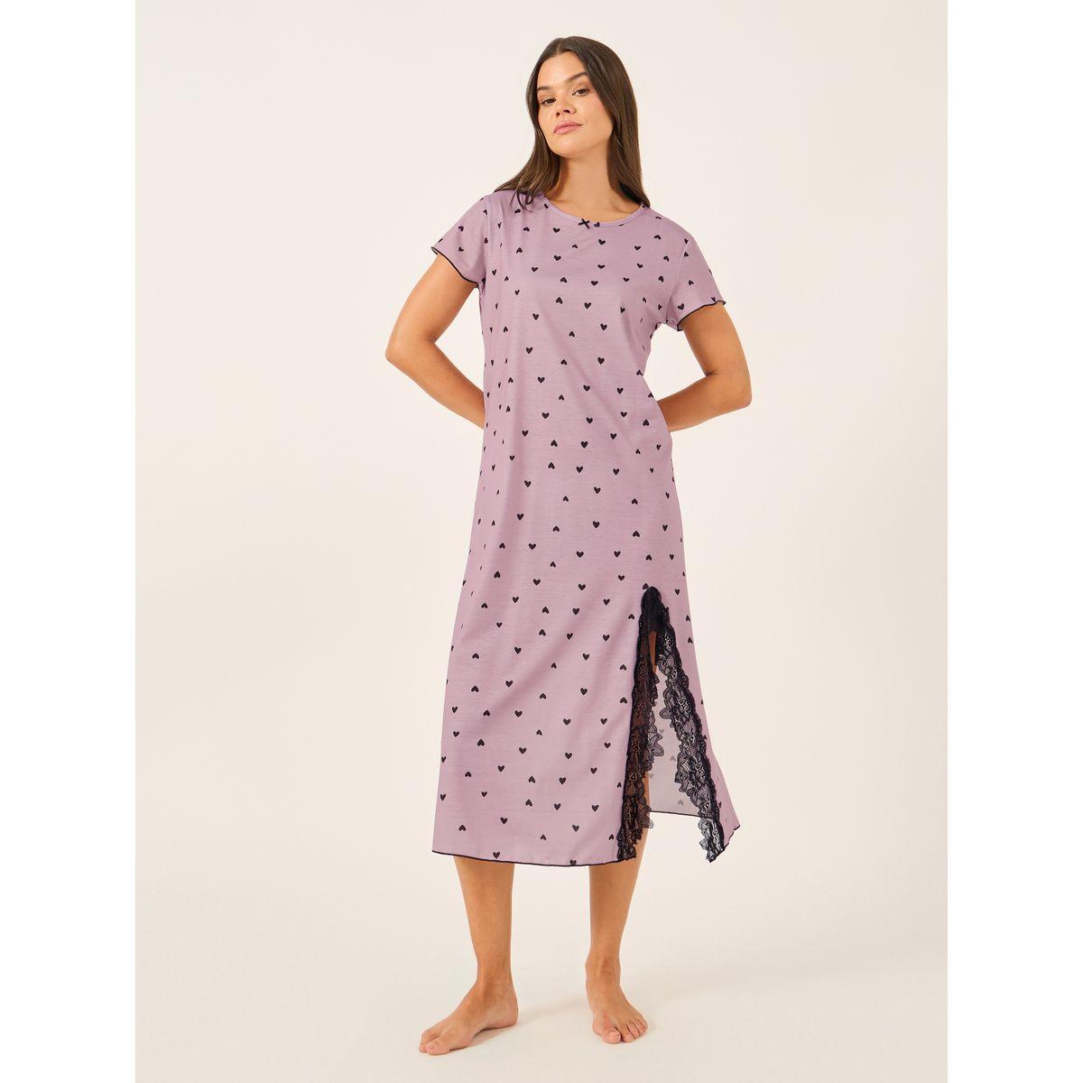 قميص نوم بطبعة قلوب وتفاصيل دانتيل مع شق-women-clothing-nightwear-nighties-image-1