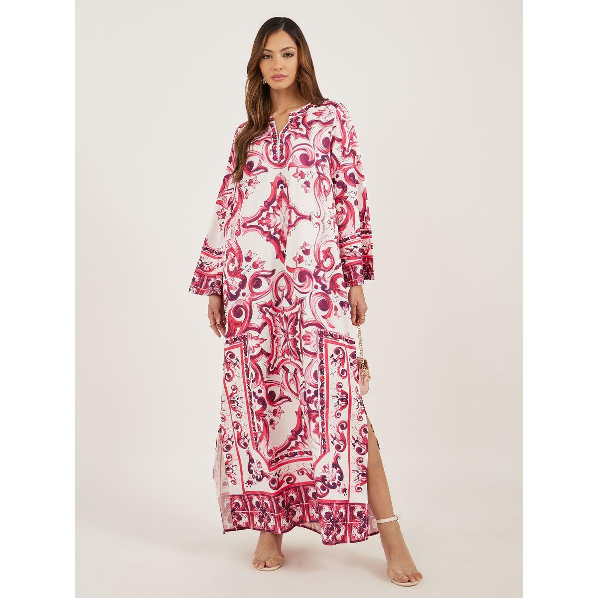 أميرة x ستايلي جلابية مطبعة بالكامل مع ياقة نوتش-women-arabicclothing-jalabiyas-image-1
