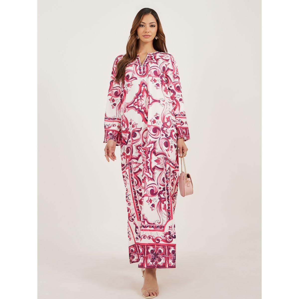 أميرة x ستايلي جلابية مطبعة بالكامل مع ياقة نوتش-women-arabicclothing-jalabiyas-image-2