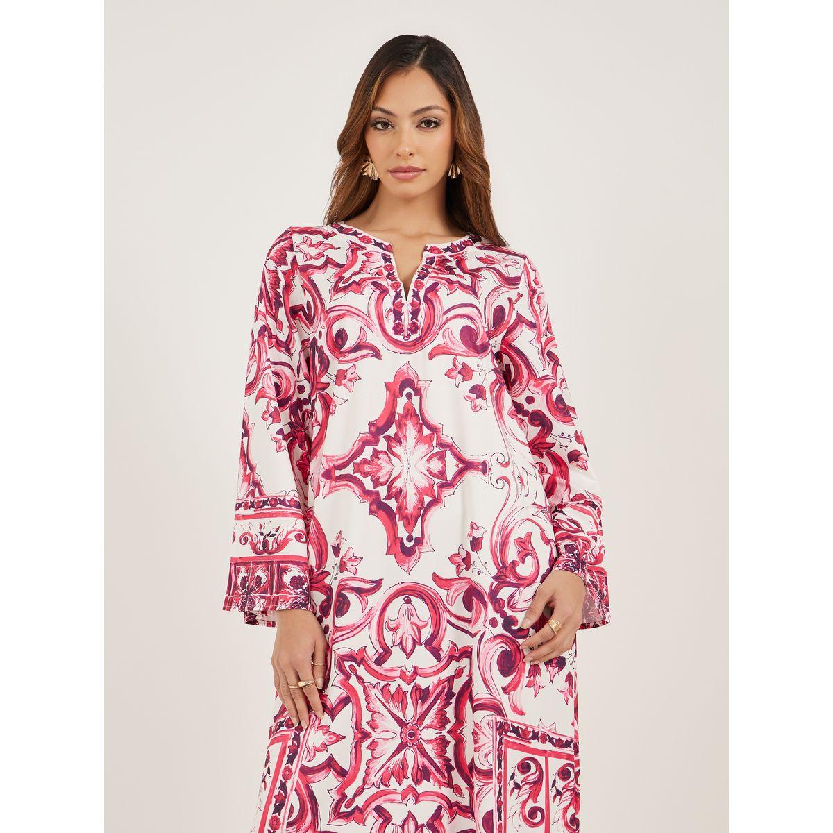 أميرة x ستايلي جلابية مطبعة بالكامل مع ياقة نوتش-women-arabicclothing-jalabiyas-image-3