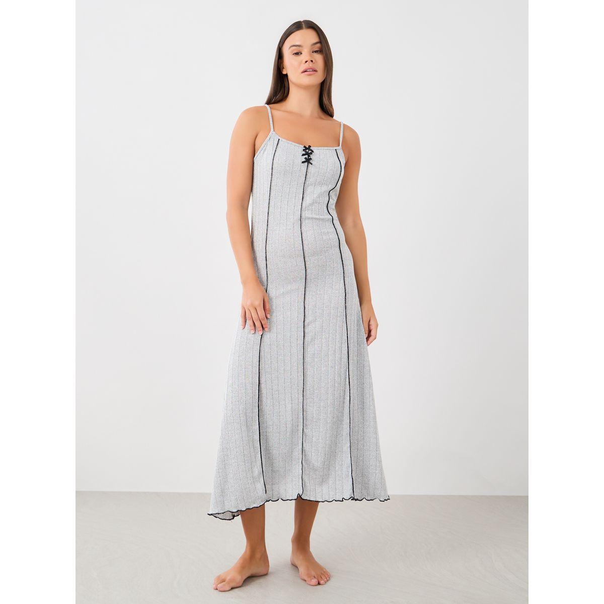 Styli Ribbed Contrast Lettuce Hem Slip Dress with Bow Detail-women-clothing-nightwear-nighties-image-1