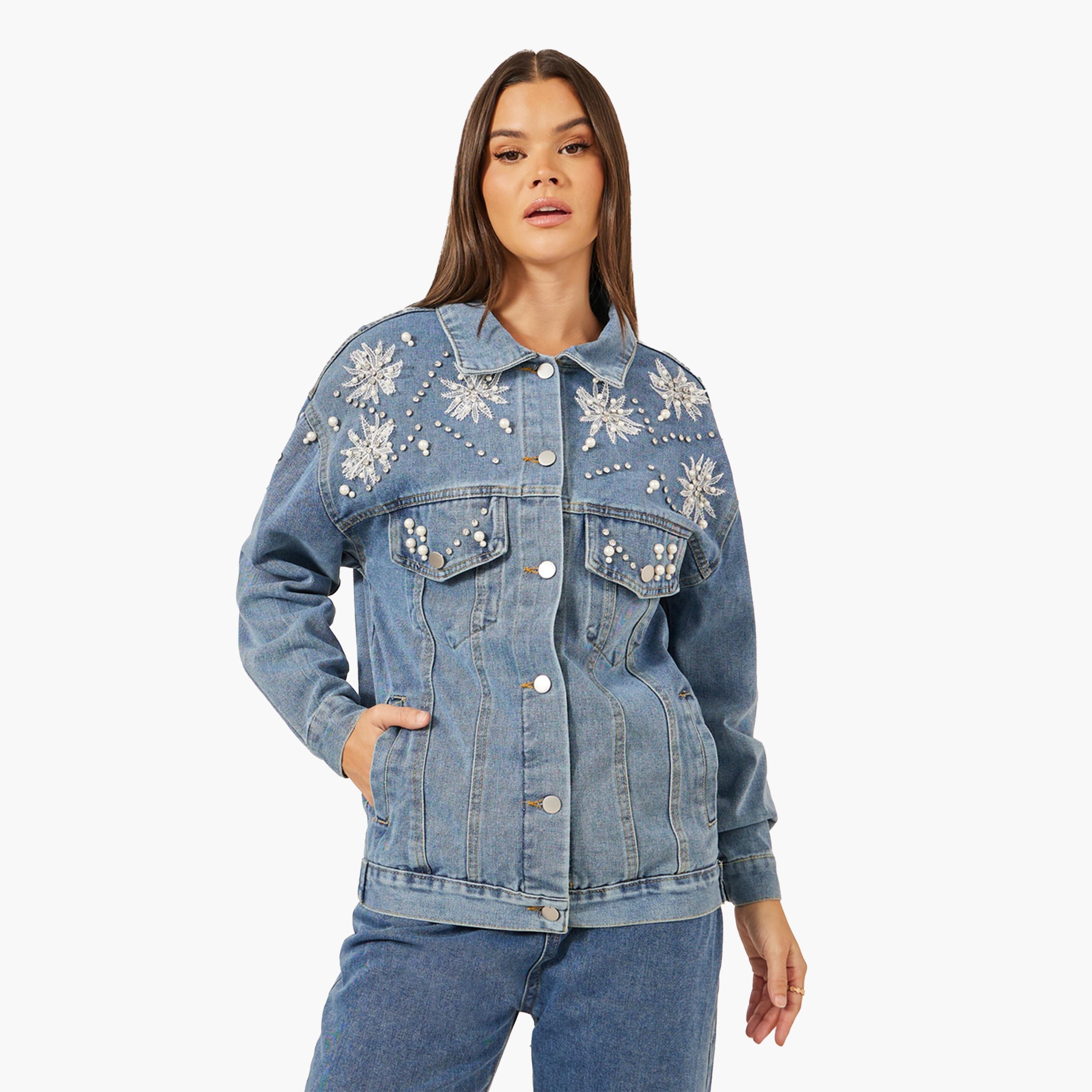 ستايلي-  جاكيت جينز مزخرف قصّة عادية-women-winterwear-coatsandjackets-jackets-image-1