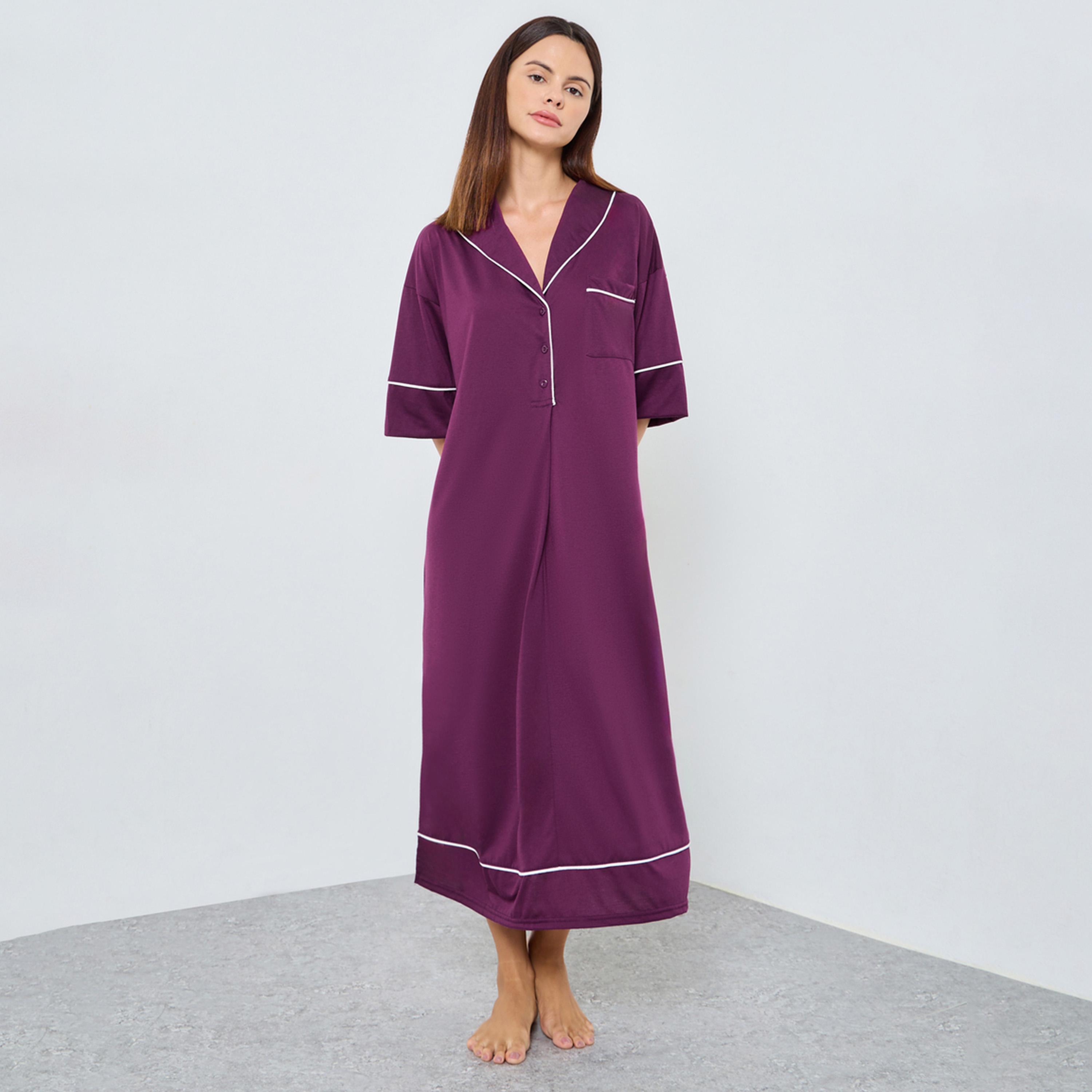 Styli Contrast Piped Half Placket Nightshirt Dress-women-clothing-nightwear-nighties-image-1