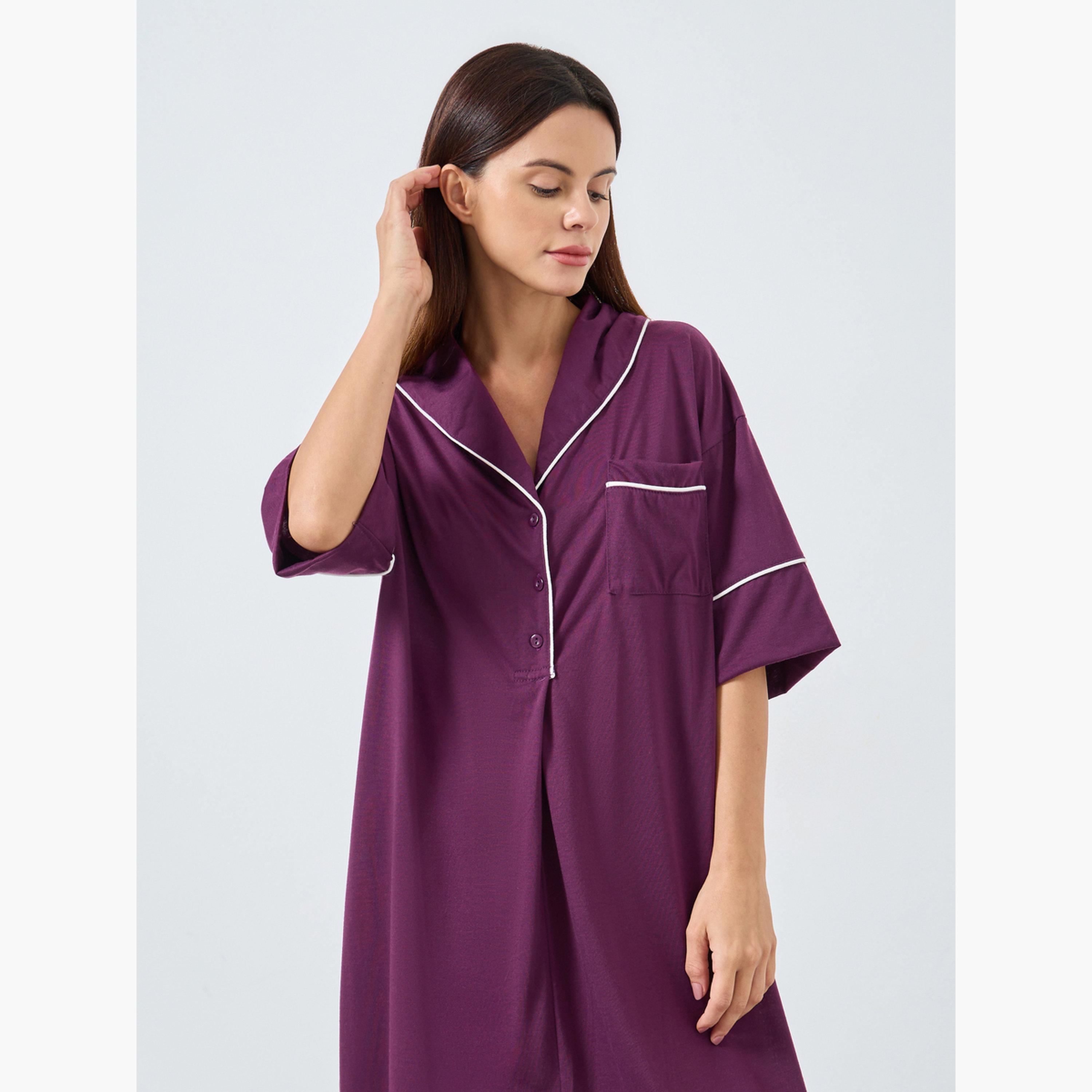 Styli Contrast Piped Half Placket Nightshirt Dress-women-clothing-nightwear-nighties-image-2