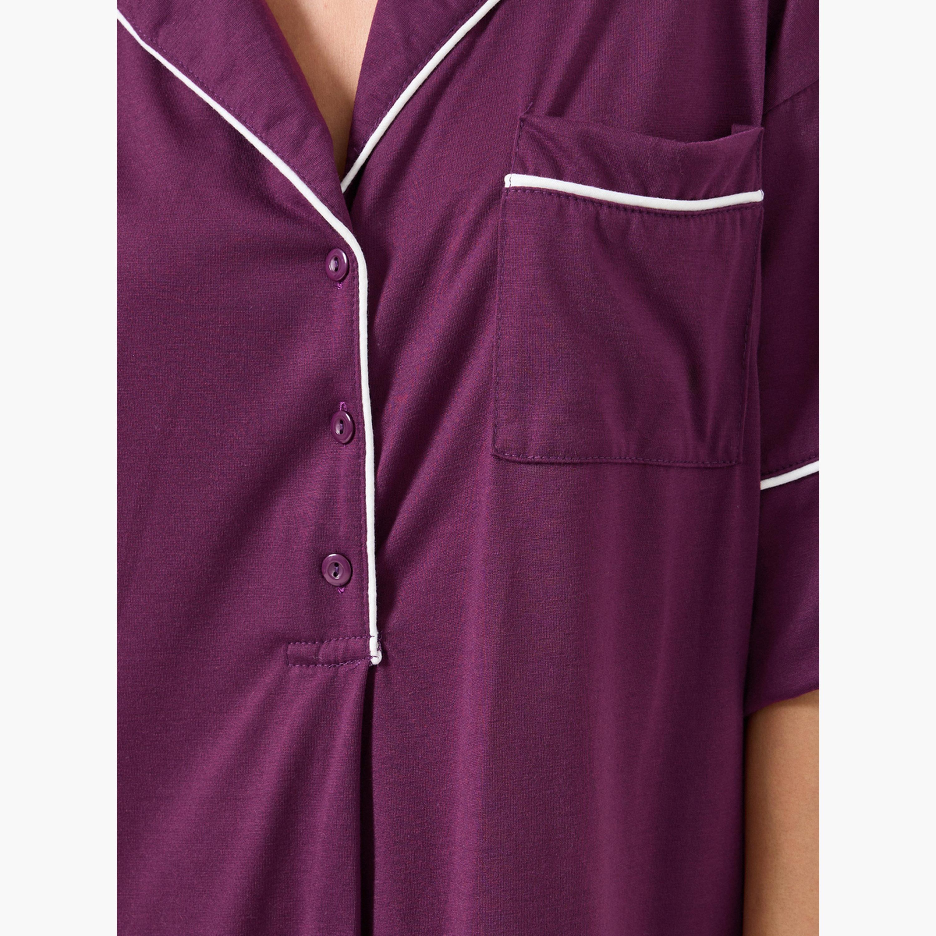Styli Contrast Piped Half Placket Nightshirt Dress-women-clothing-nightwear-nighties-image-4