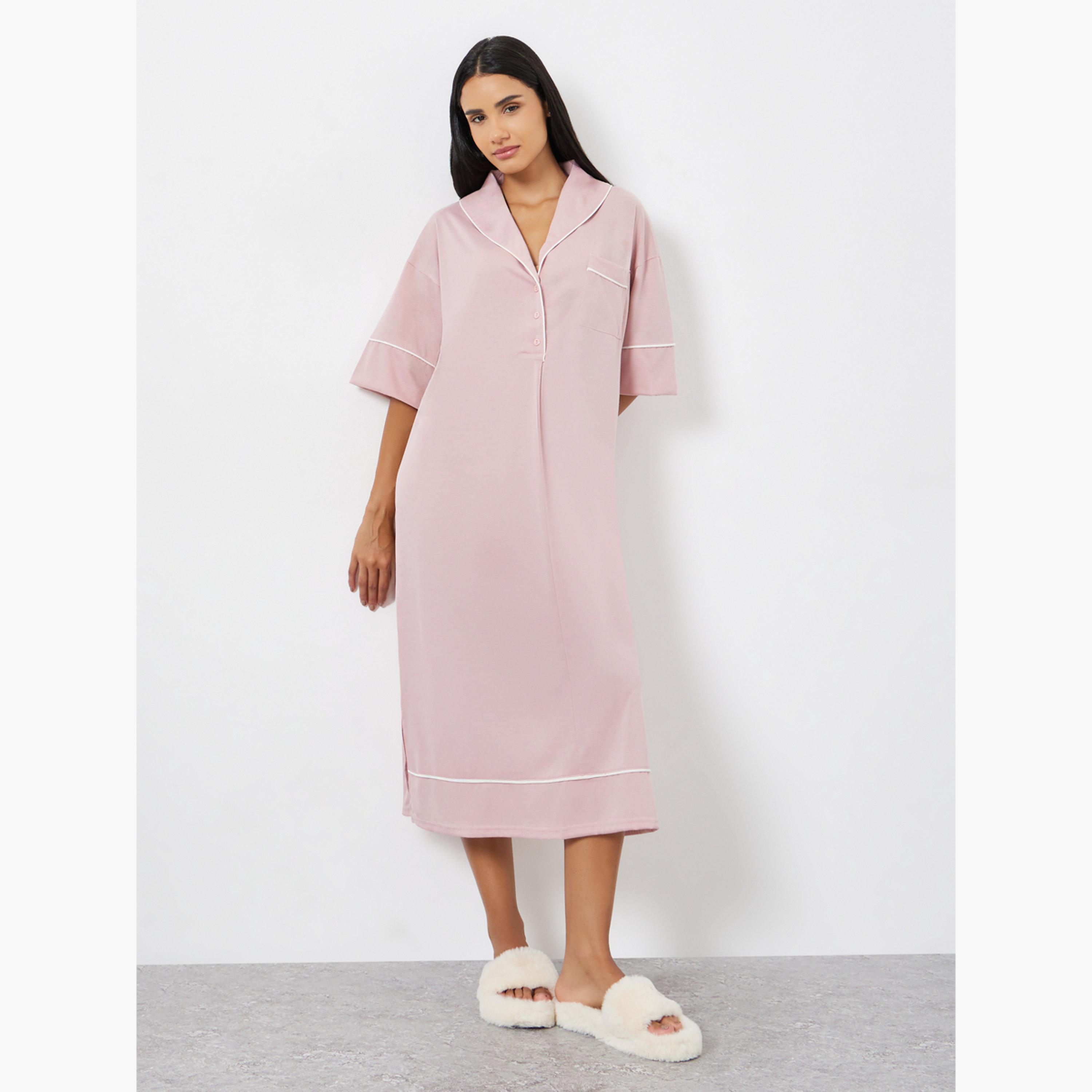 Styli Contrast Piped Half Placket Nightshirt Dress-women-clothing-nightwear-nighties-image-1