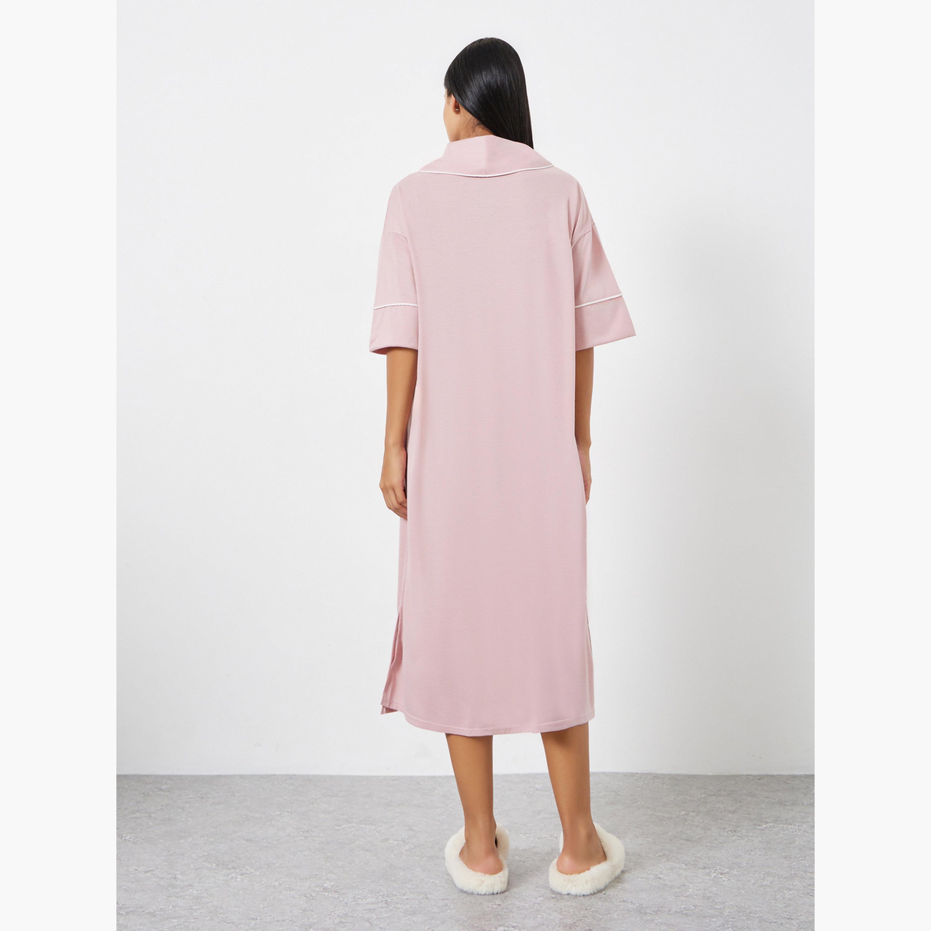 Styli Contrast Piped Half Placket Nightshirt Dress-women-clothing-nightwear-nighties-image-2