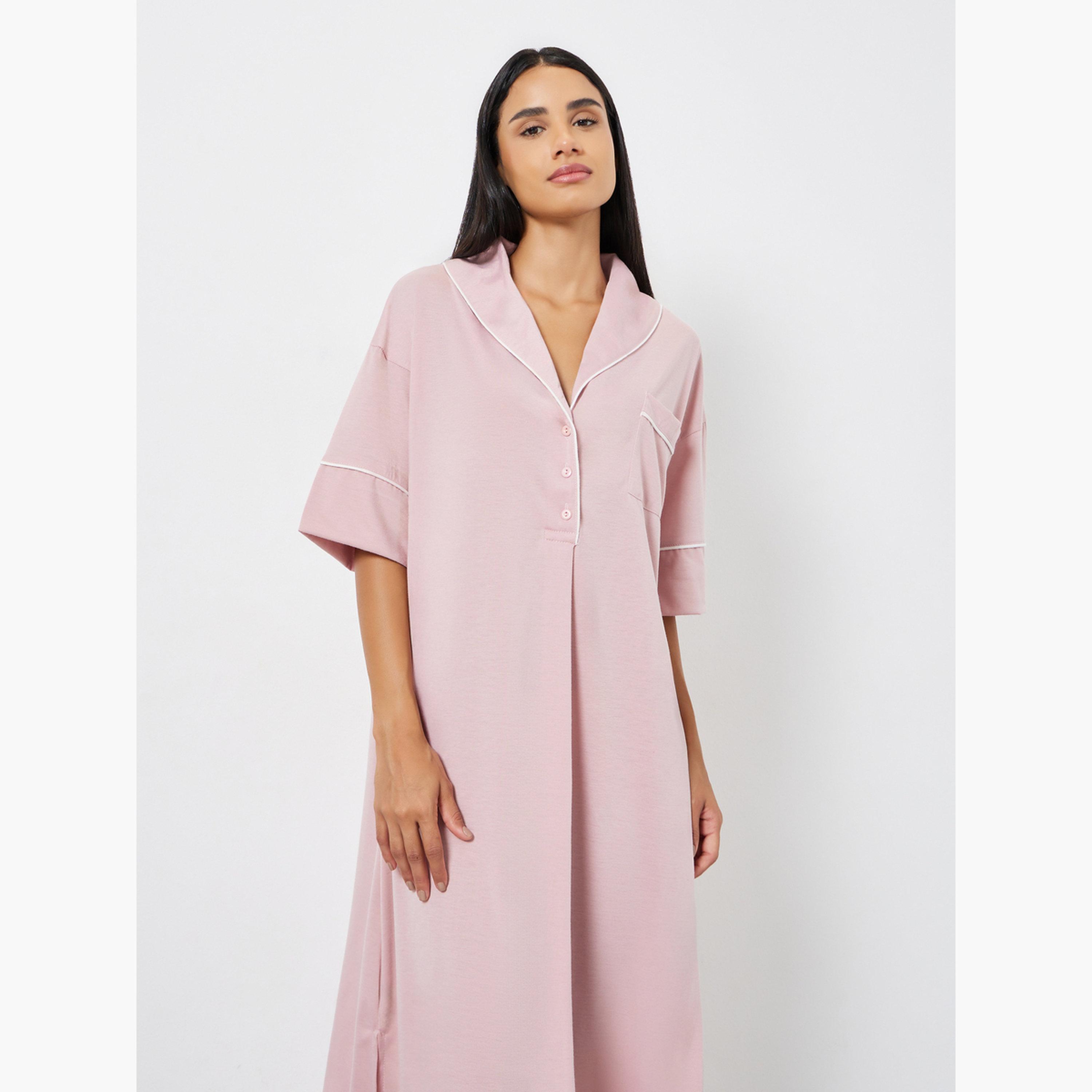 Styli Contrast Piped Half Placket Nightshirt Dress-women-clothing-nightwear-nighties-image-4