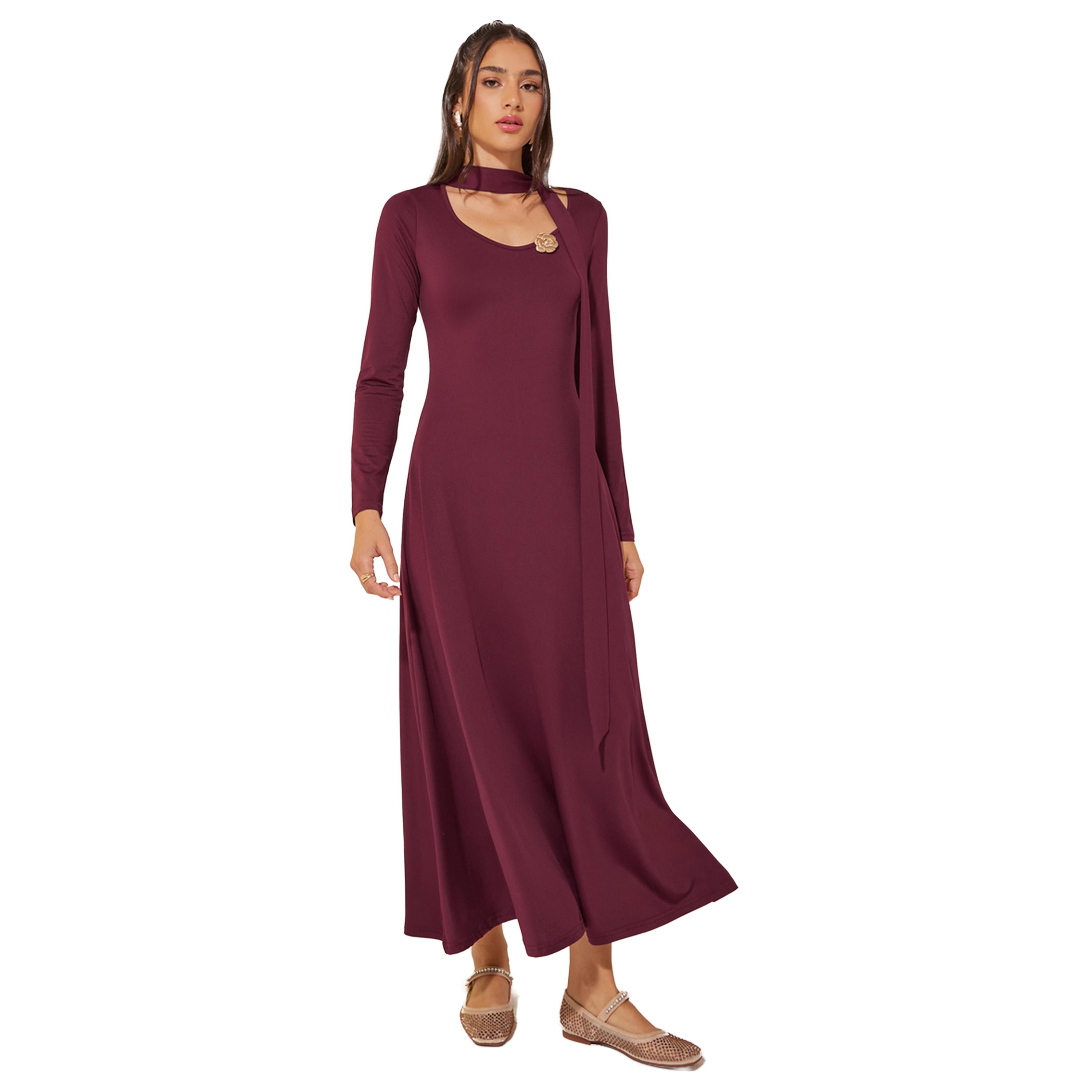 Styli Solid Tie-Up Neck A-Line Maxi Dress-women-clothing-dresses-image-1