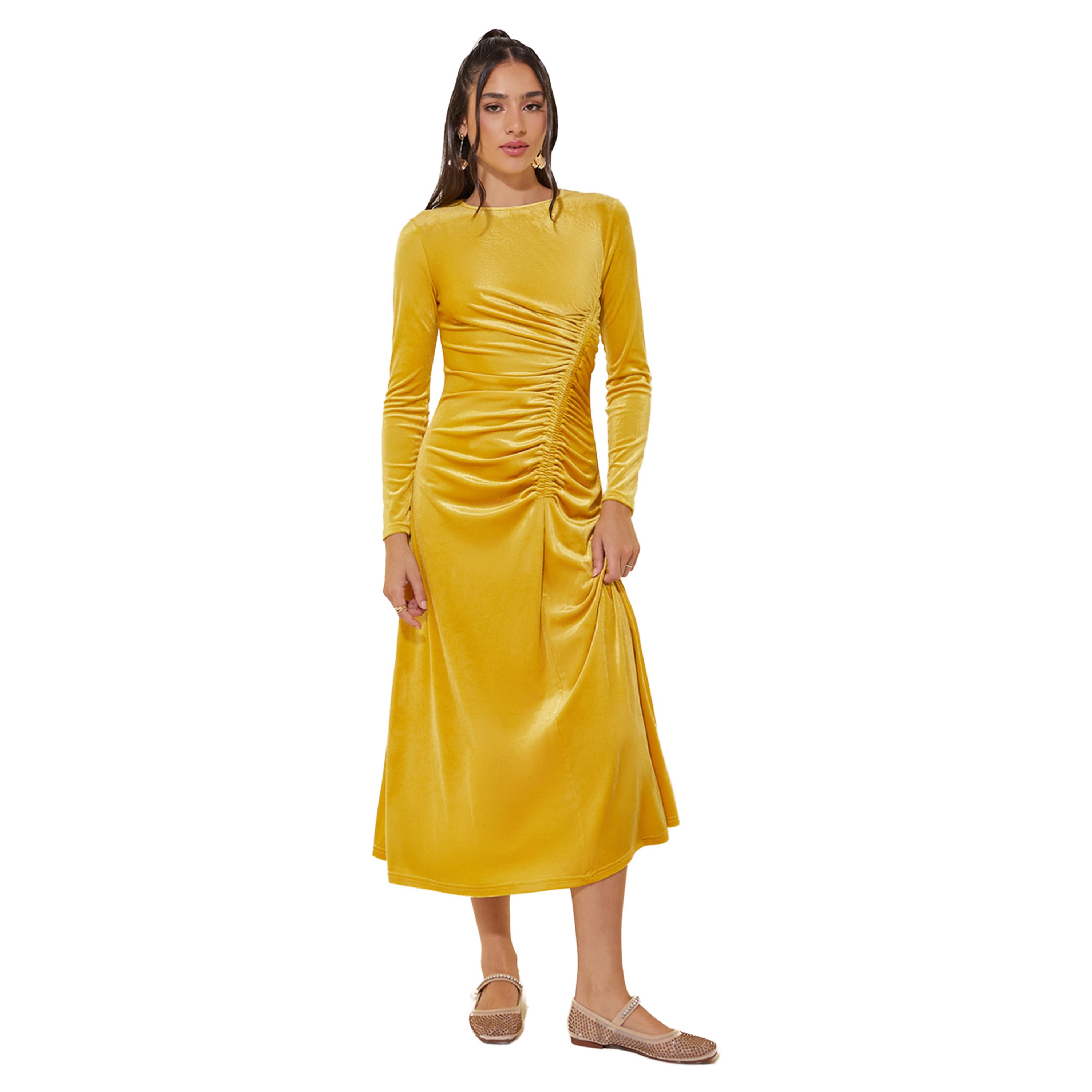 ستايلي -  فستان متوسط الطول بمظهر مخملي سادة وتفاصيل مجمعة-women-clothing-dresses-image-1