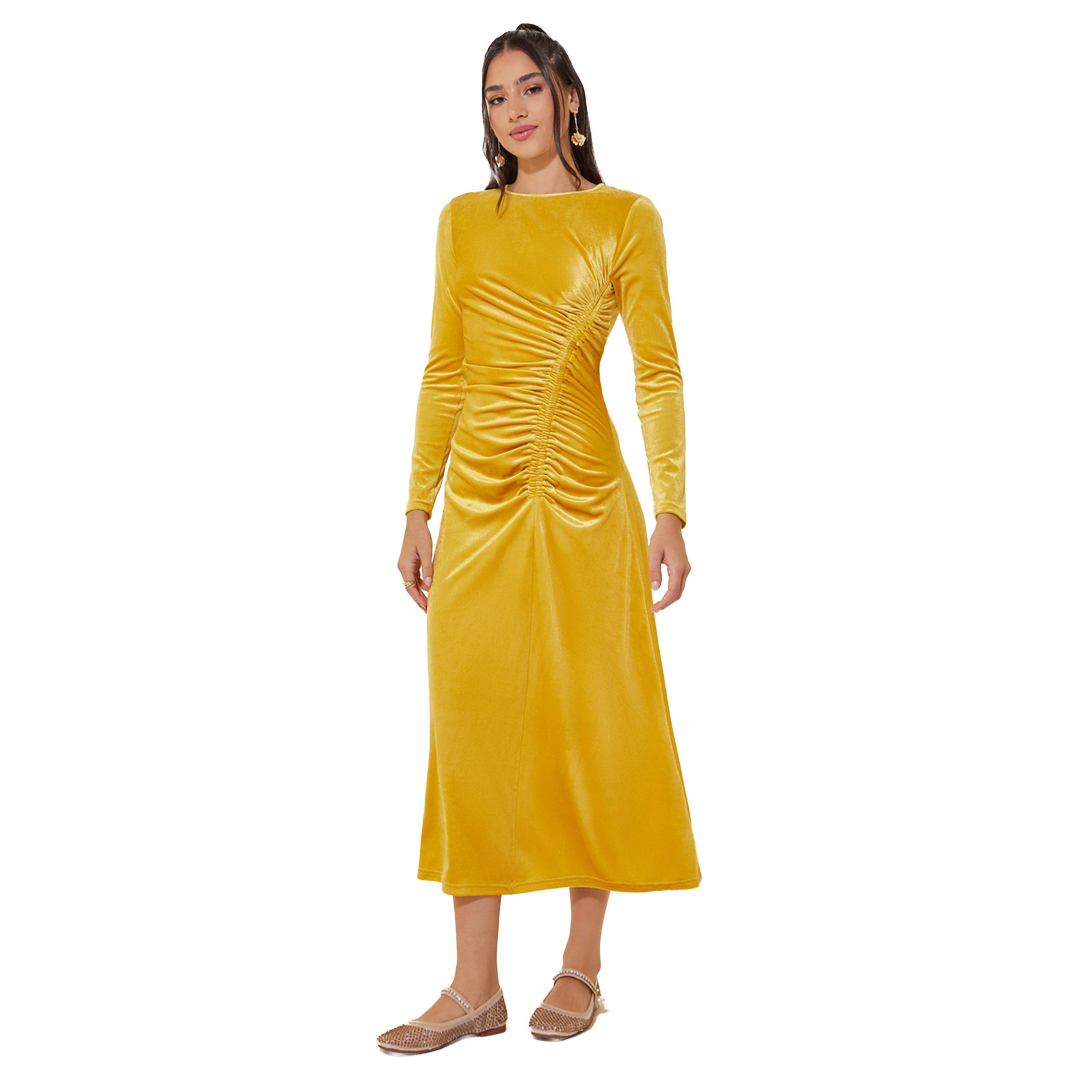 ستايلي -  فستان متوسط الطول بمظهر مخملي سادة وتفاصيل مجمعة-women-clothing-dresses-image-2