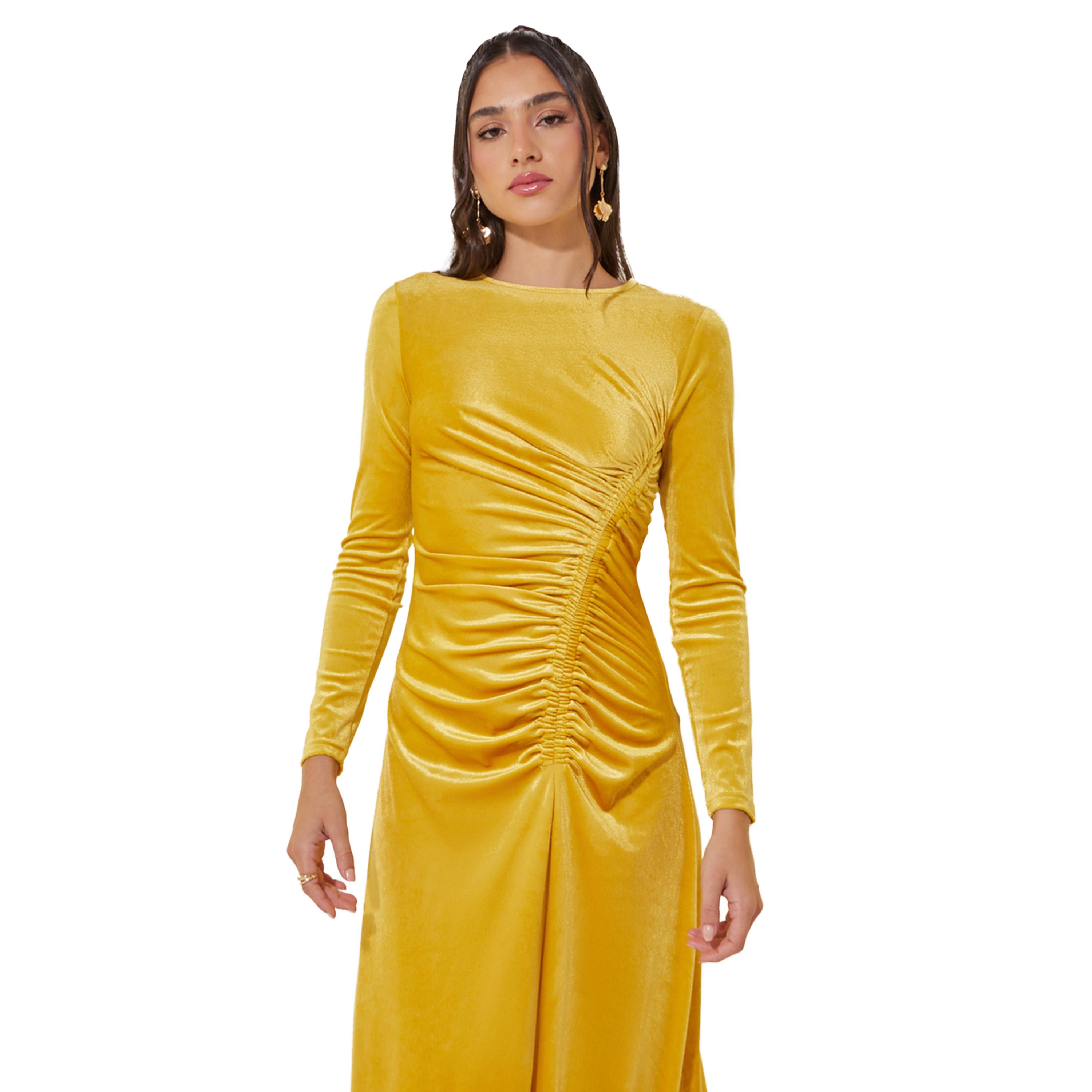 ستايلي -  فستان متوسط الطول بمظهر مخملي سادة وتفاصيل مجمعة-women-clothing-dresses-image-3