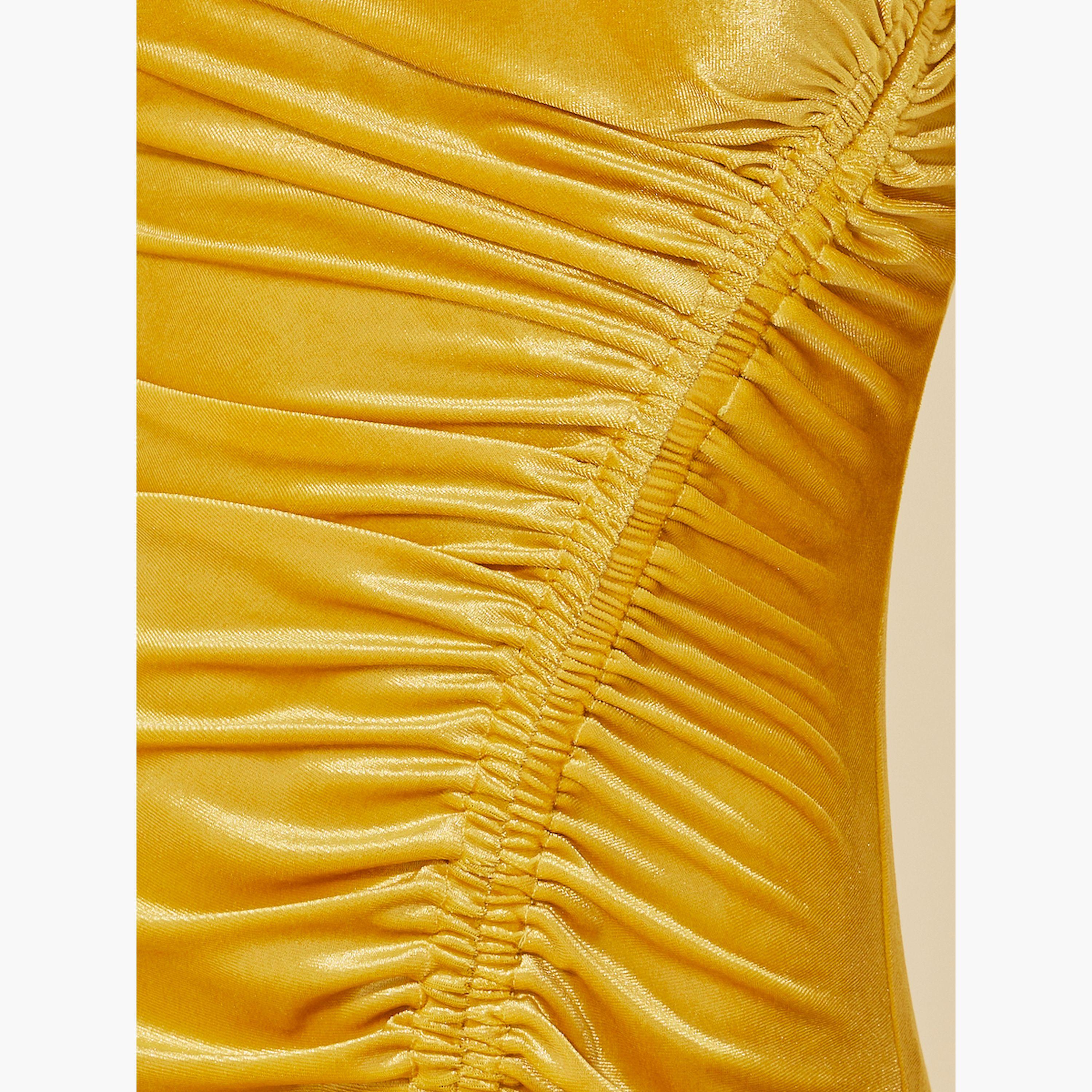 ستايلي -  فستان متوسط الطول بمظهر مخملي سادة وتفاصيل مجمعة-women-clothing-dresses-image-4