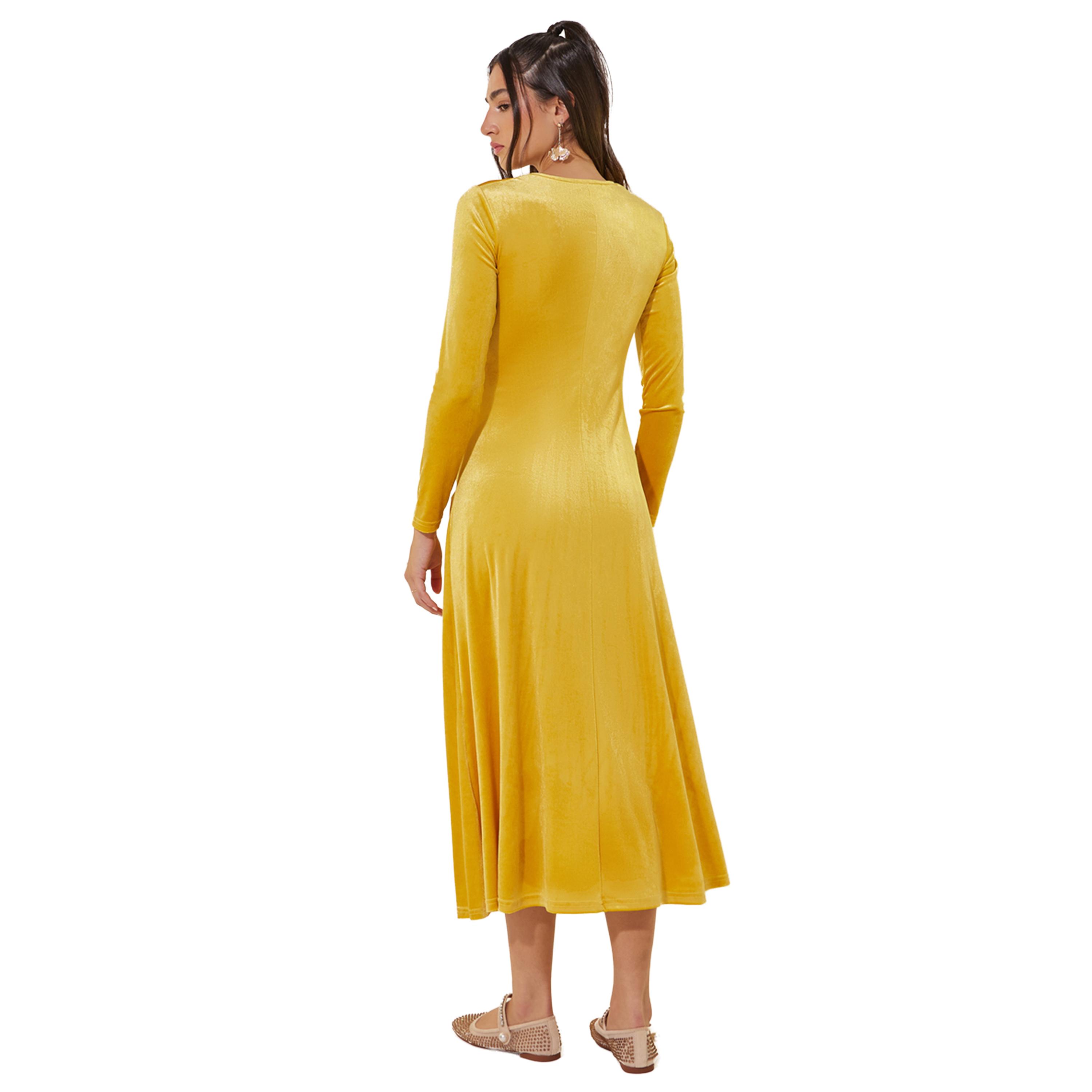 ستايلي -  فستان متوسط الطول بمظهر مخملي سادة وتفاصيل مجمعة-women-clothing-dresses-image-5