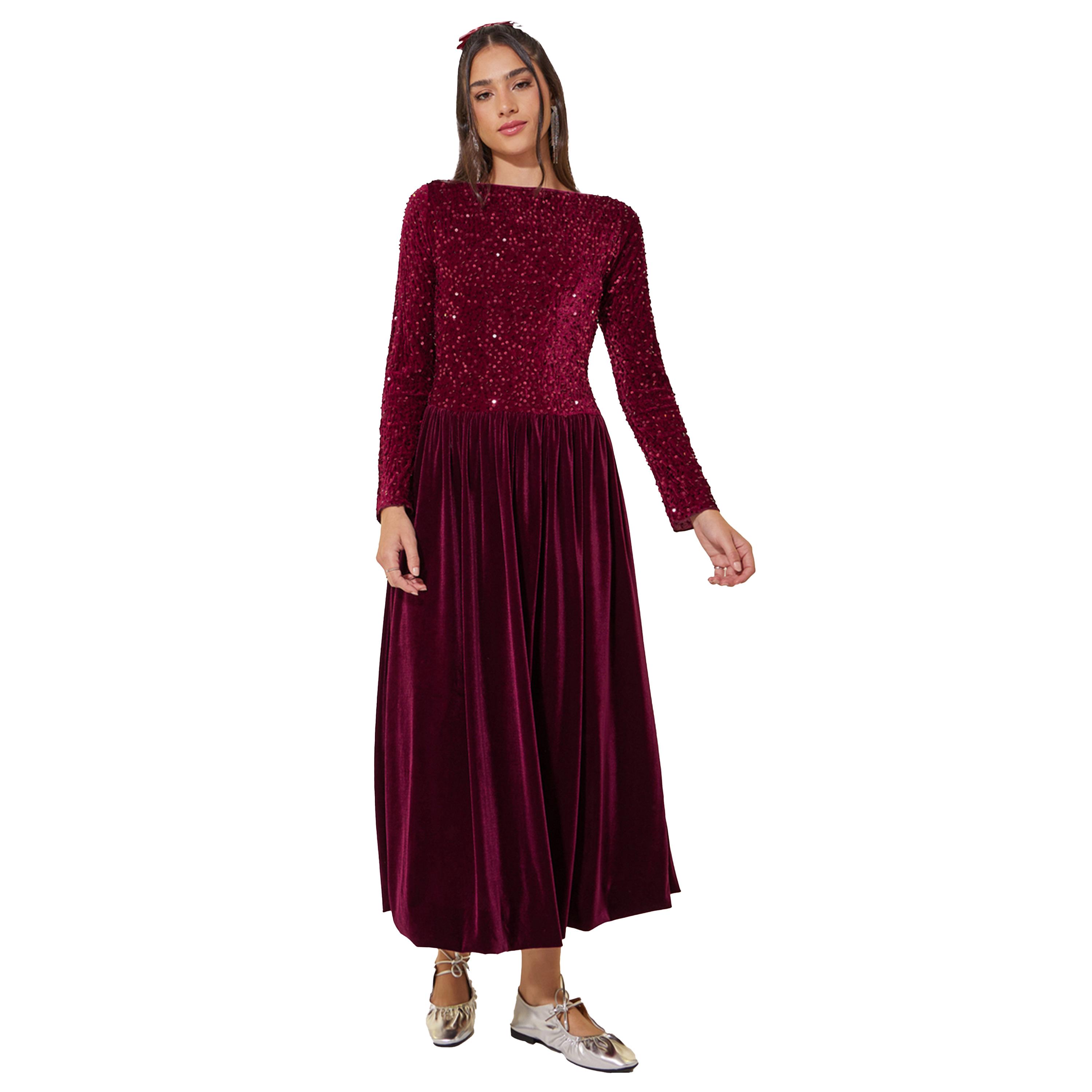 ستايلي - فستان ميدي بأكمام طويلة وحافة منفوخة-women-clothing-dresses-image-2