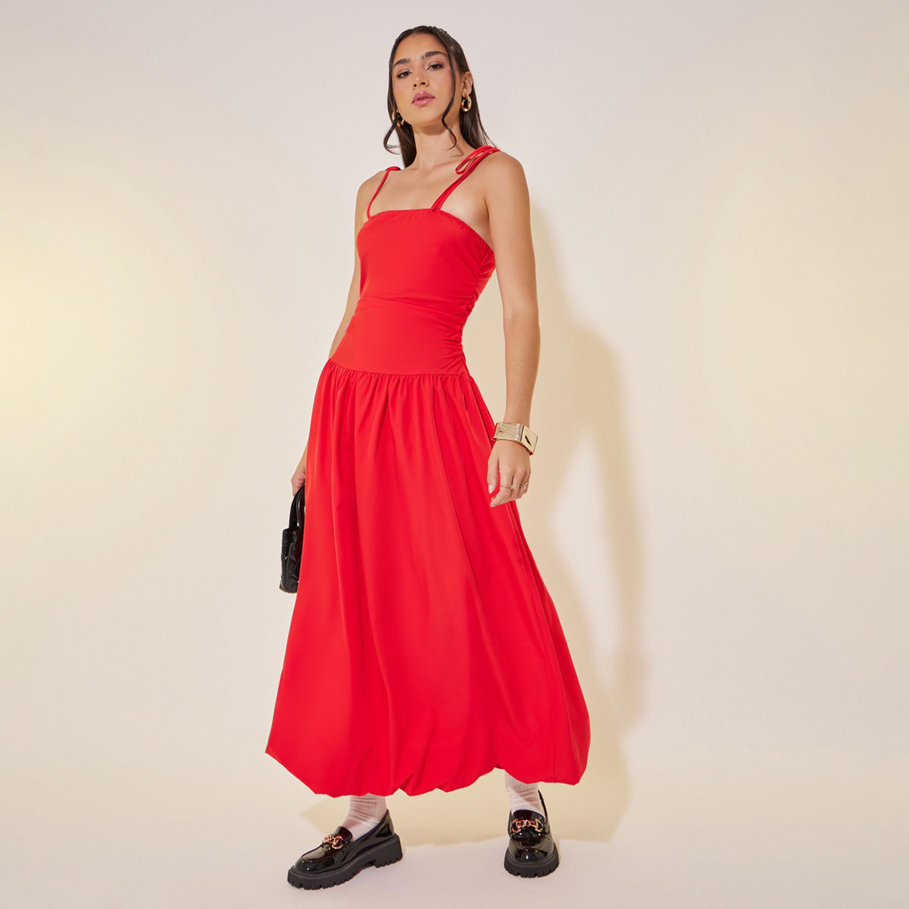 ستايلي - فستان متوسط الطول بحمالات وحزام منفوخ-women-clothing-dresses-image-2