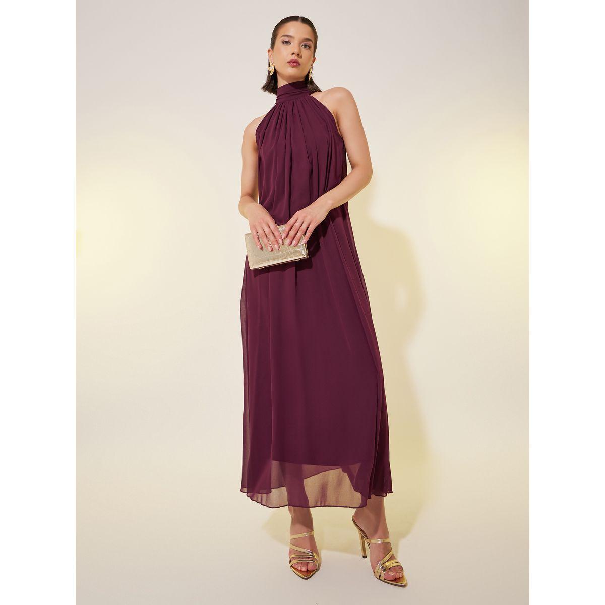 Styli Solid Sleeveless Halter Neck A-Line Maxi Dress-women-clothing-dresses-image-1