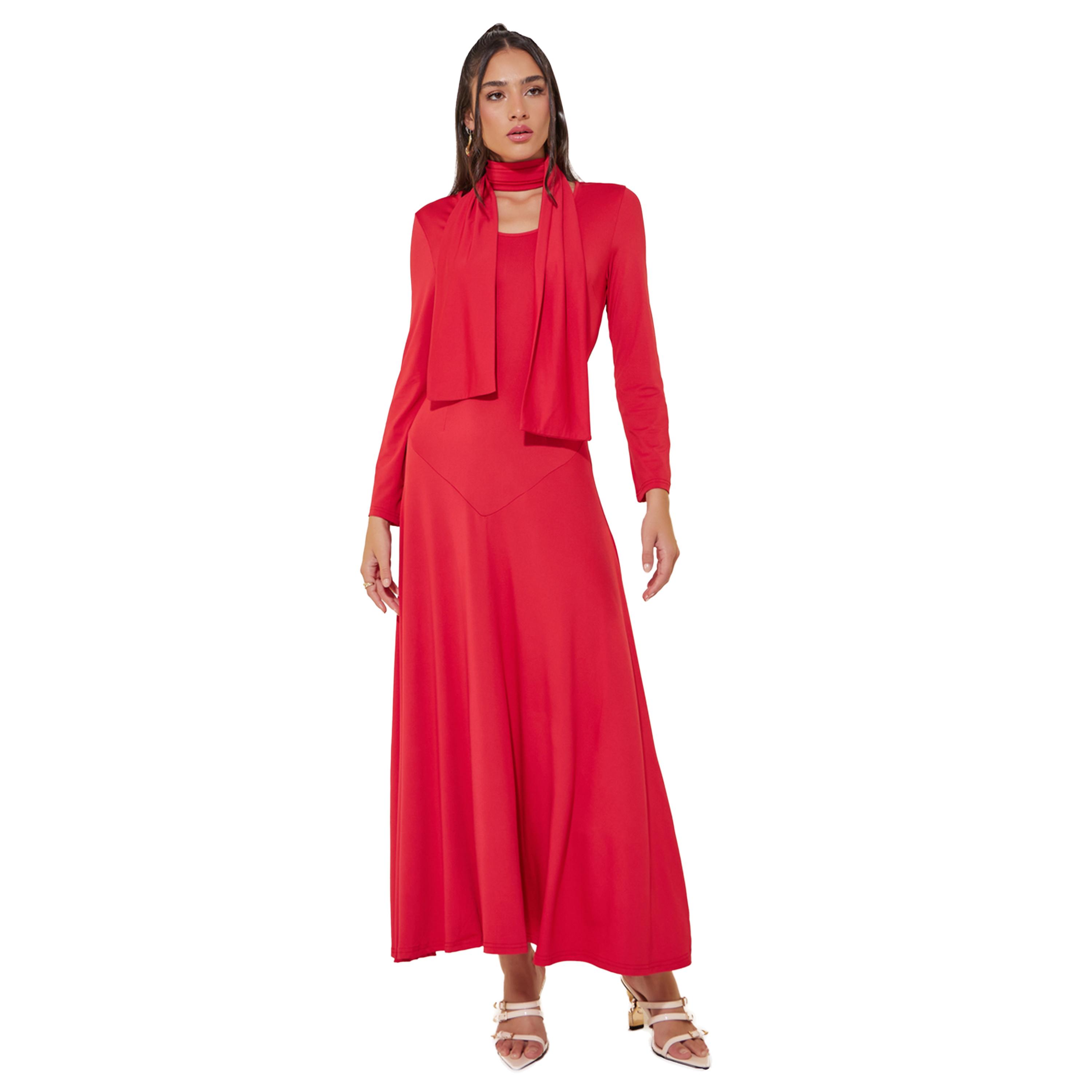 ستايلي -  فستان ماكسي سادة برقبة دائرية وتفاصيل ربطة عنق-women-clothing-dresses-image-1