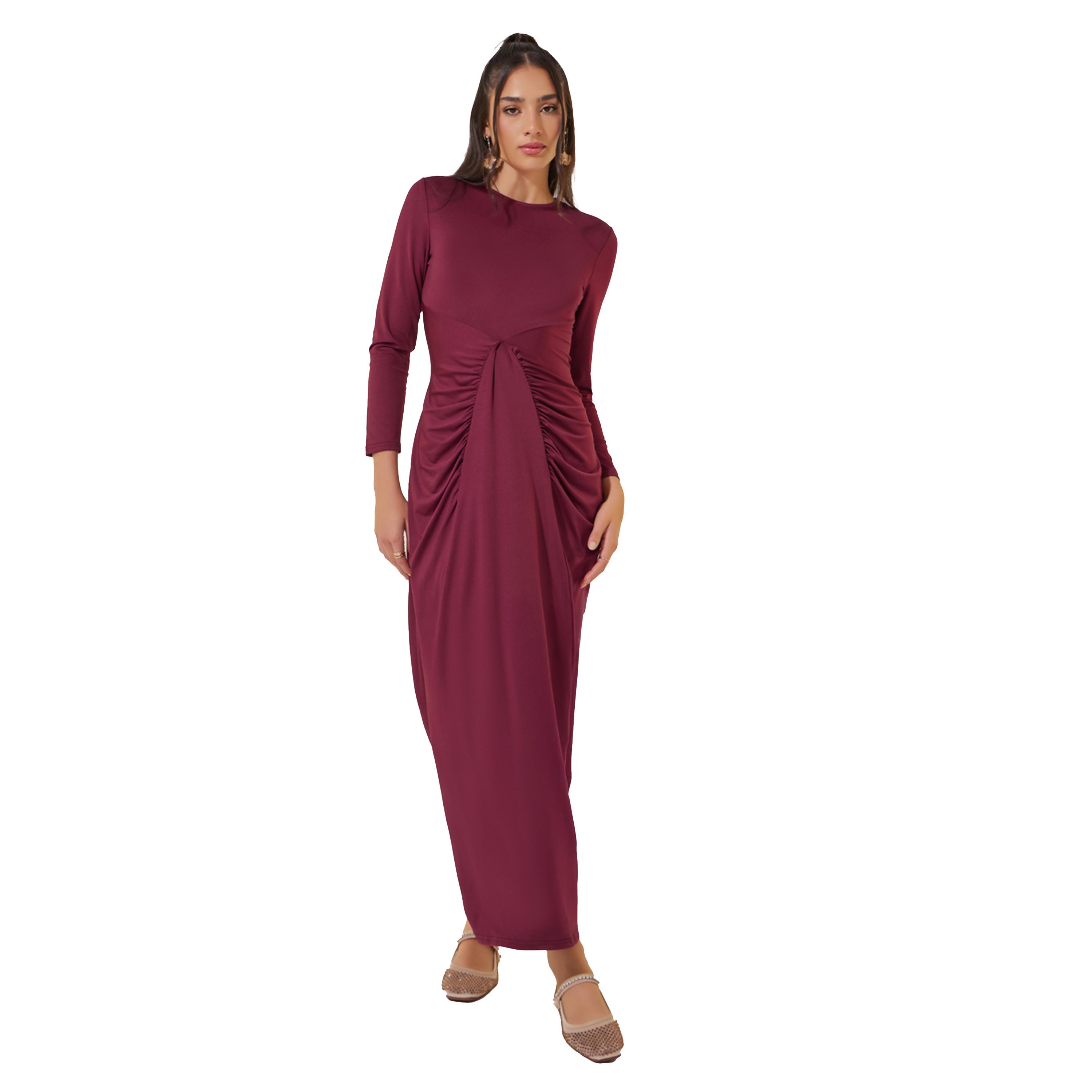 Styli Solid Long Sleeves Gathered Sheath Maxi Dress-women-clothing-dresses-image-2