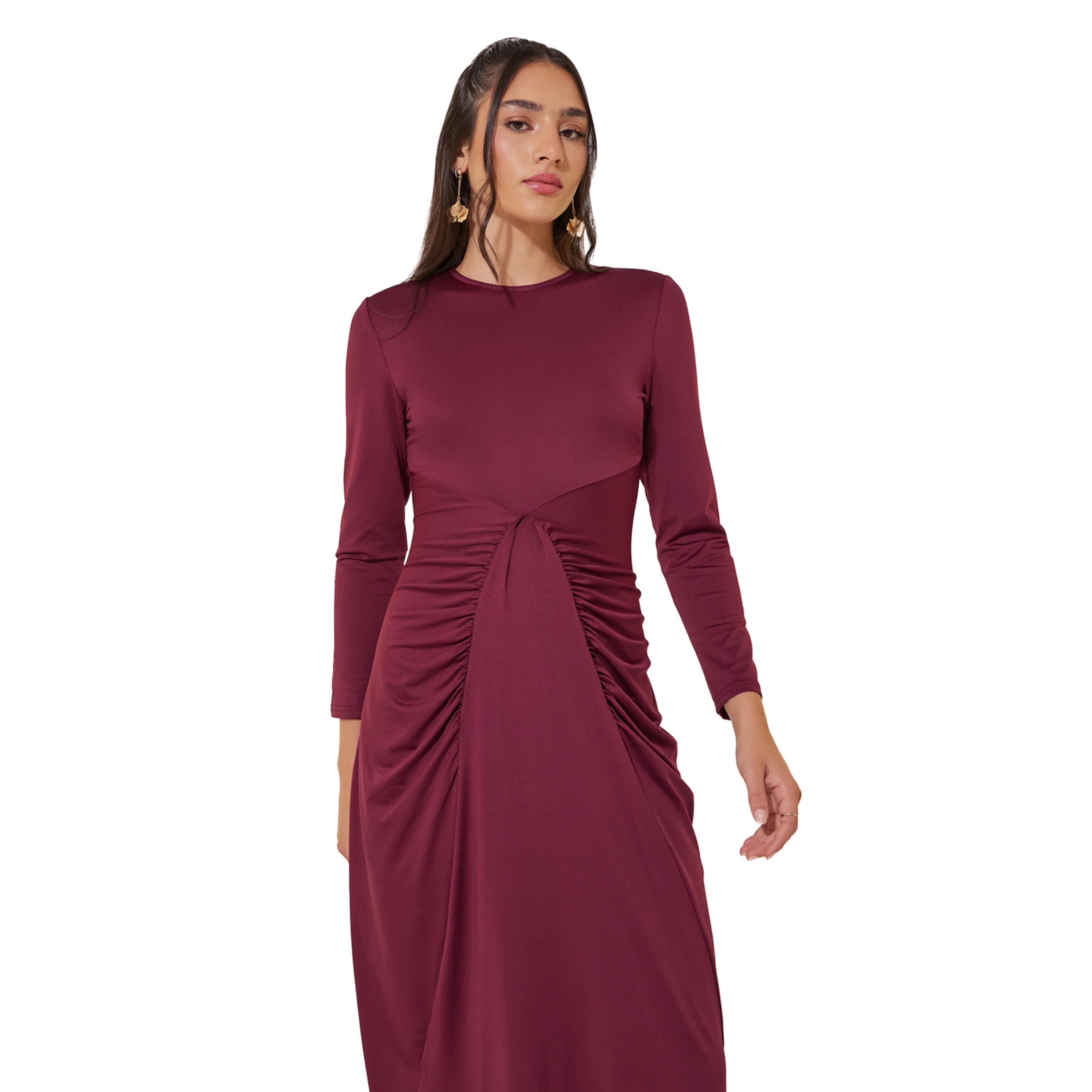 Styli Solid Long Sleeves Gathered Sheath Maxi Dress-women-clothing-dresses-image-3