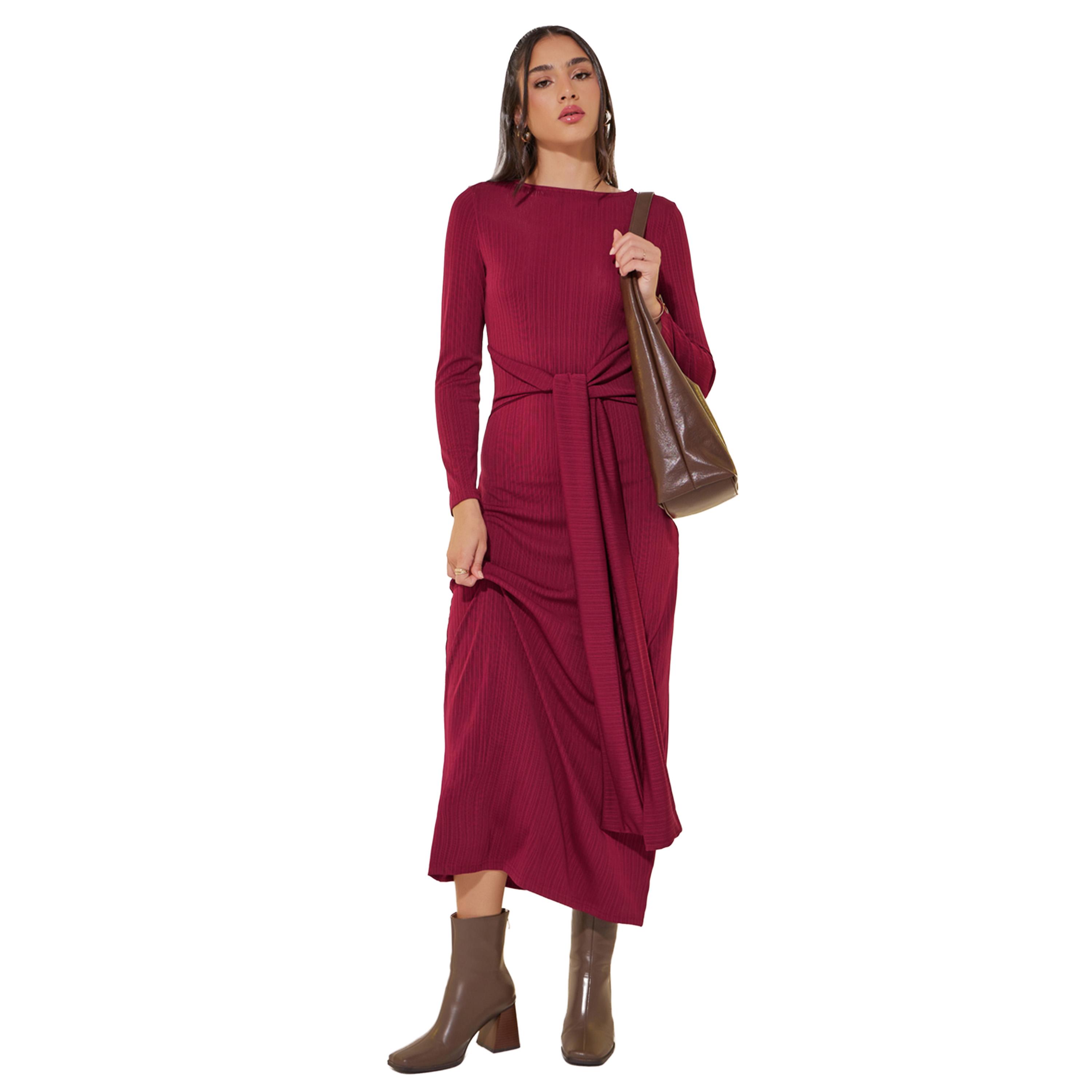 ستايلي -  فستان ماكسي بأكمام طويلة وتفاصيل خصر ورباط-women-clothing-dresses-image-1