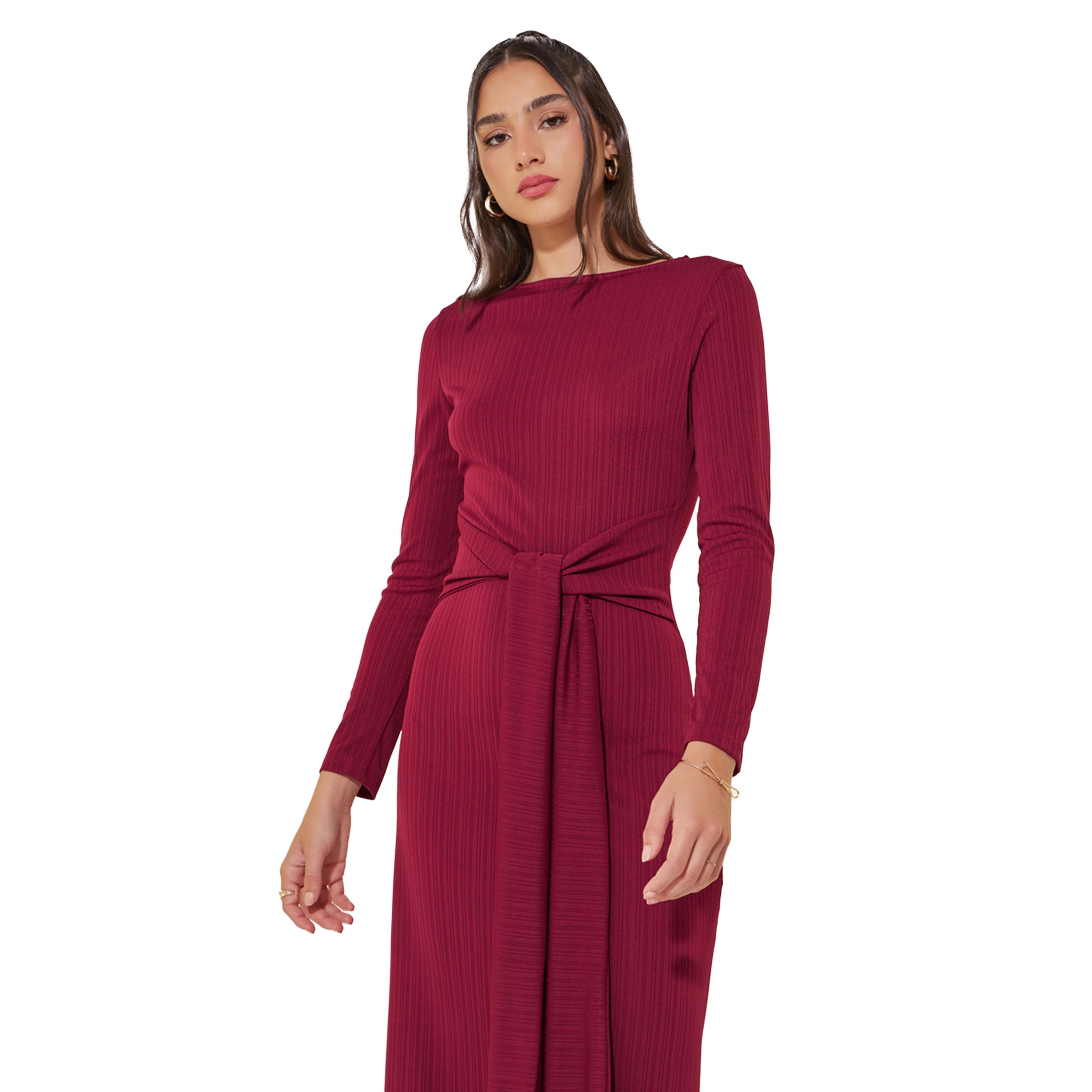 ستايلي -  فستان ماكسي بأكمام طويلة وتفاصيل خصر ورباط-women-clothing-dresses-image-3