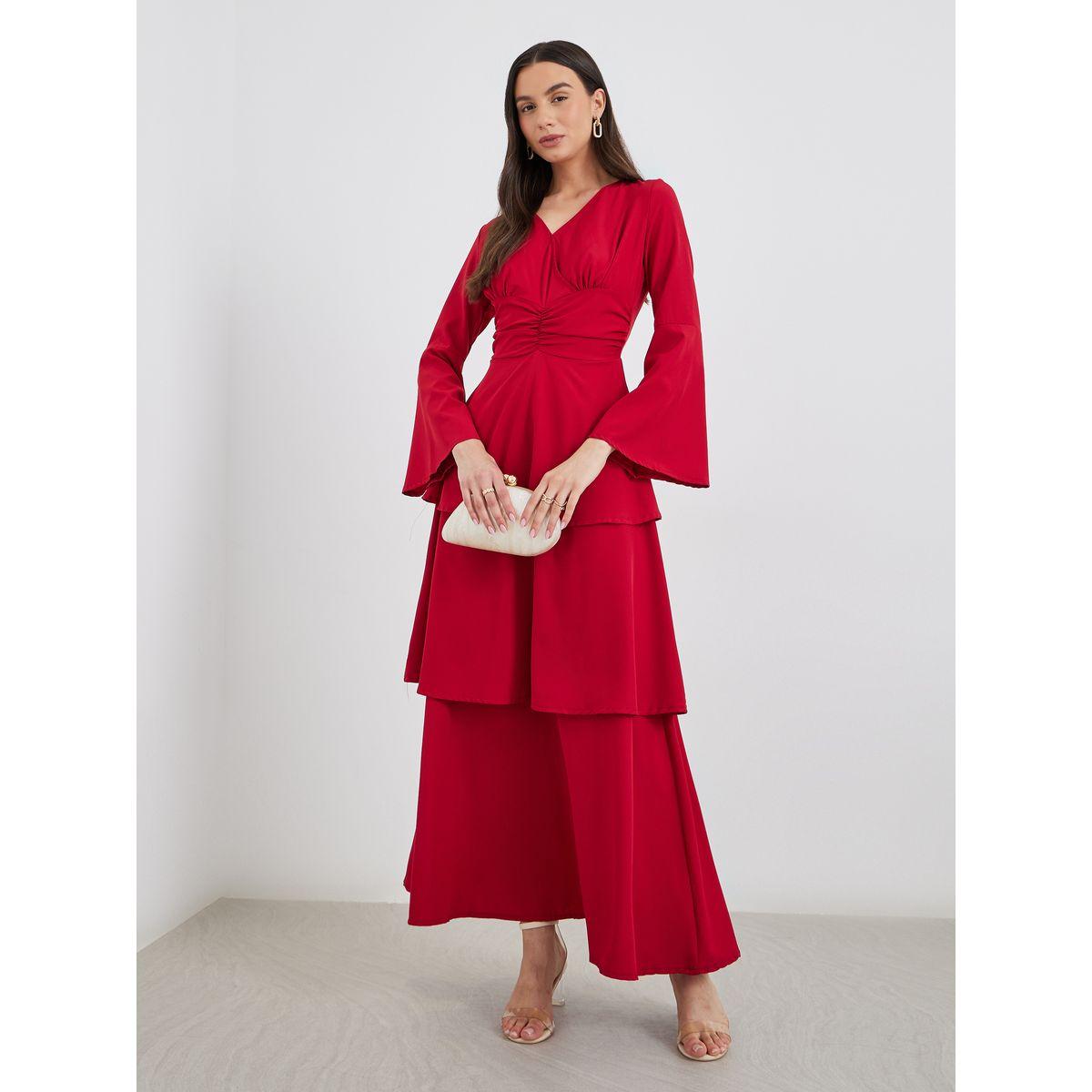 Styli Gathered Front Detail Layered Maxi Dress-women-clothing-dresses-image-1
