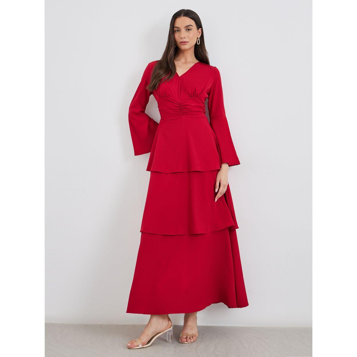 فستان طويل بتفاصيل مُجمعة مع كسرات-women-clothing-dresses-image-2