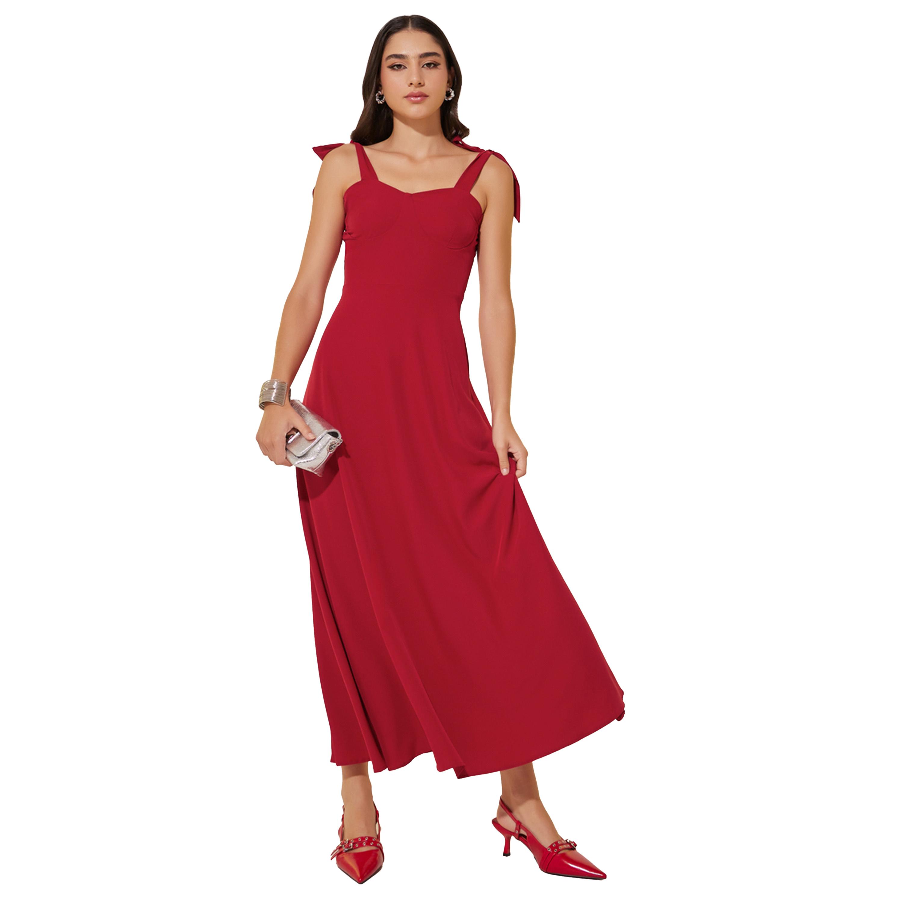 Styli Solid Tie Sleeves A-Line Maxi Dress-women-clothing-dresses-image-2