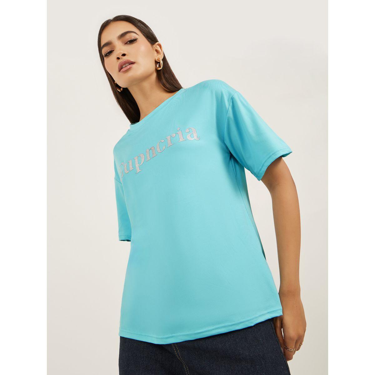 تيشيرت فضفاض بطبعة كتابة وأكمام قصيرة-women-clothing-tshirts-image-1