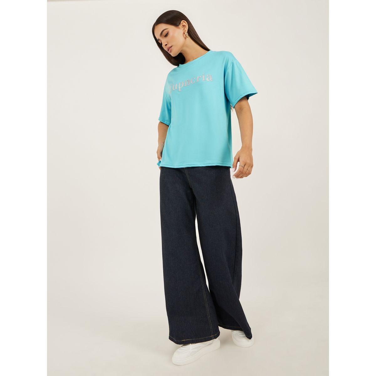 تيشيرت فضفاض بطبعة كتابة وأكمام قصيرة-women-clothing-tshirts-image-2